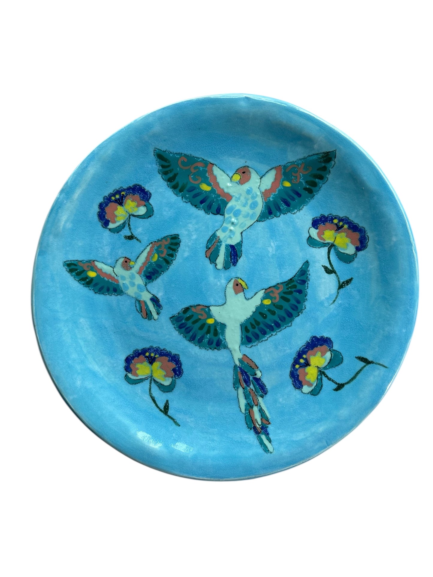 Handbuilt 12" Platter #77 with Handpainted Lovebirds and Stylized Flowers in Sky Blue