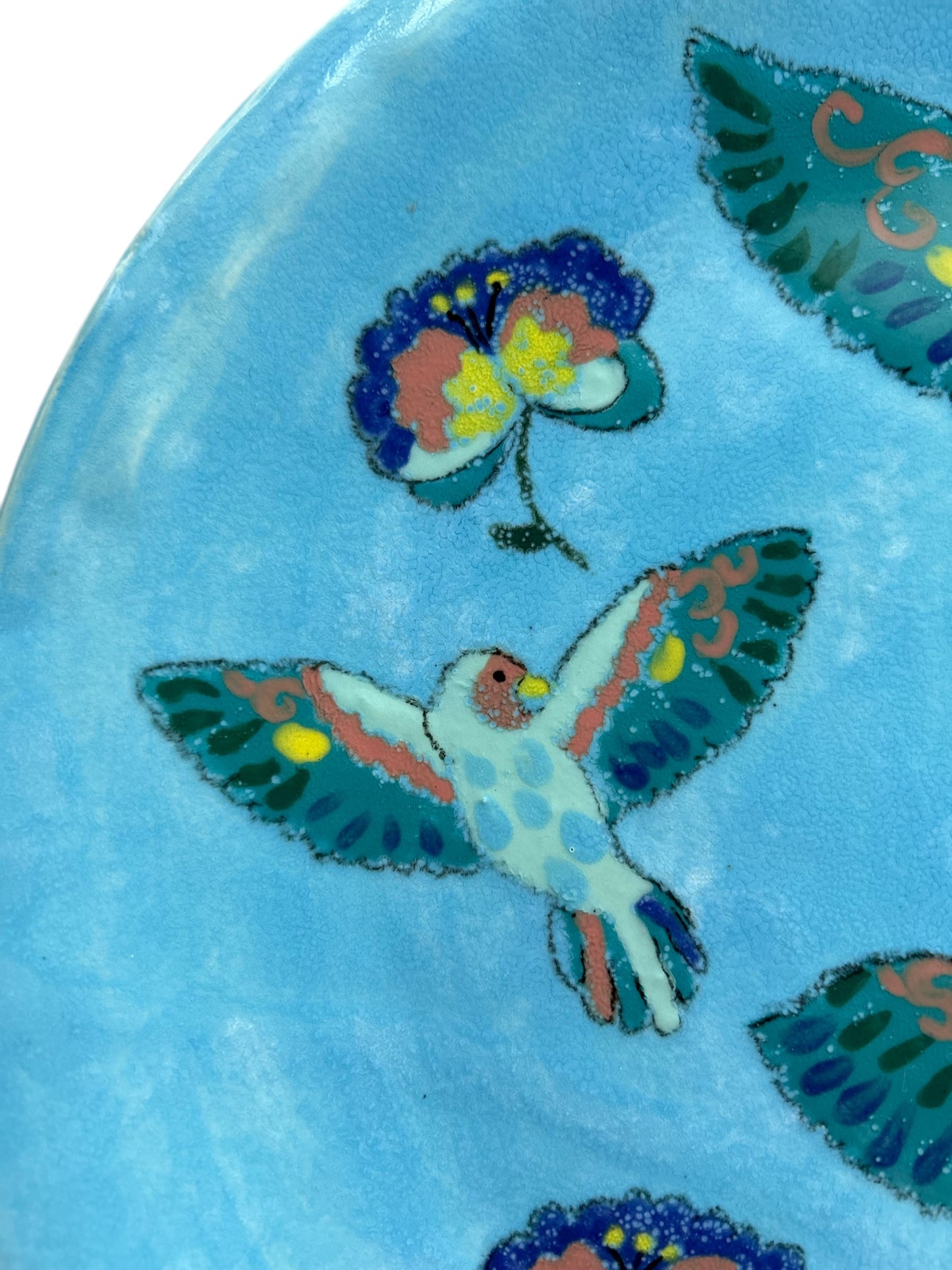 Handbuilt 12" Platter #77 with Handpainted Lovebirds and Stylized Flowers in Sky Blue