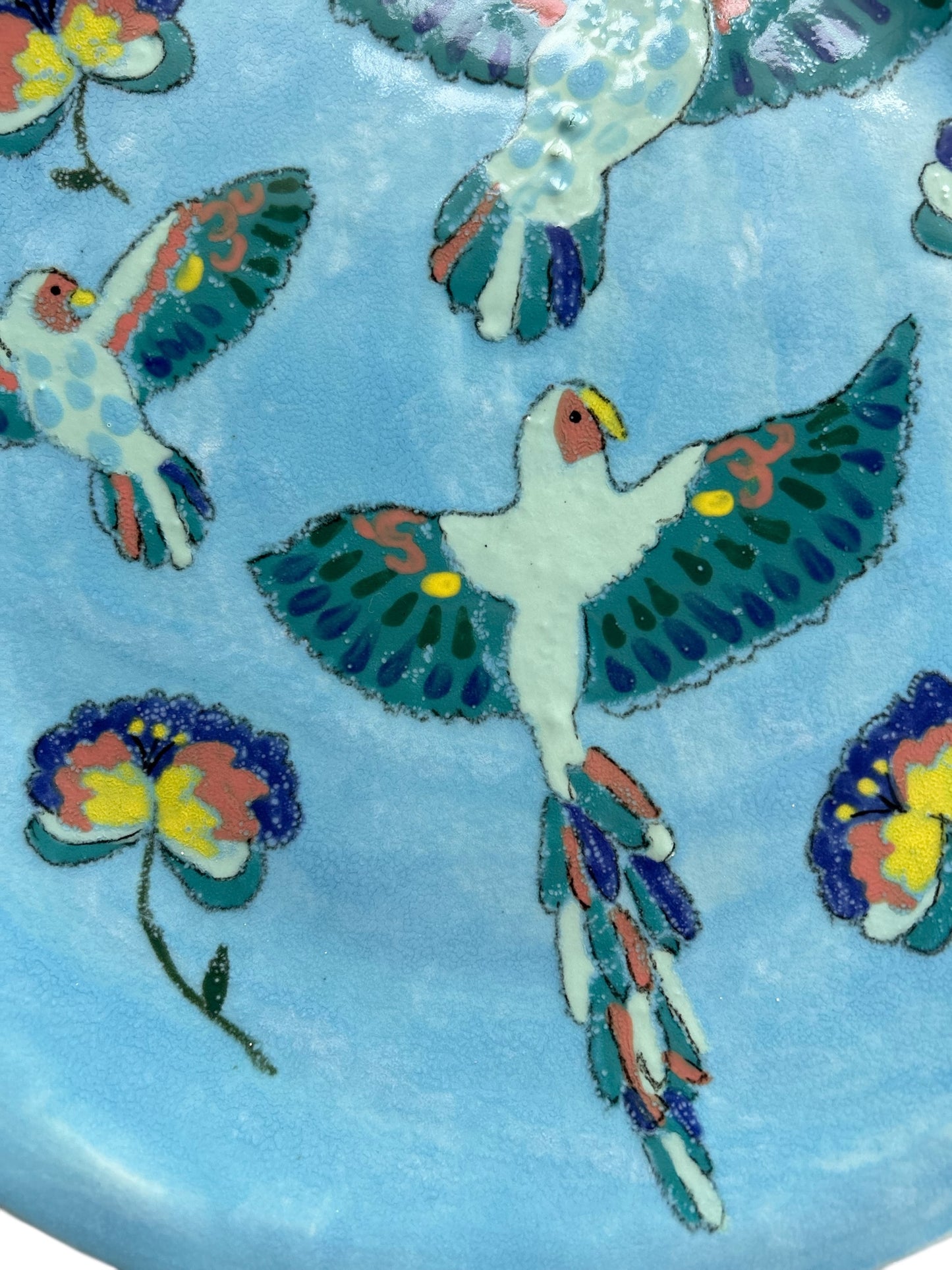 Handbuilt 12" Platter #77 with Handpainted Lovebirds and Stylized Flowers in Sky Blue