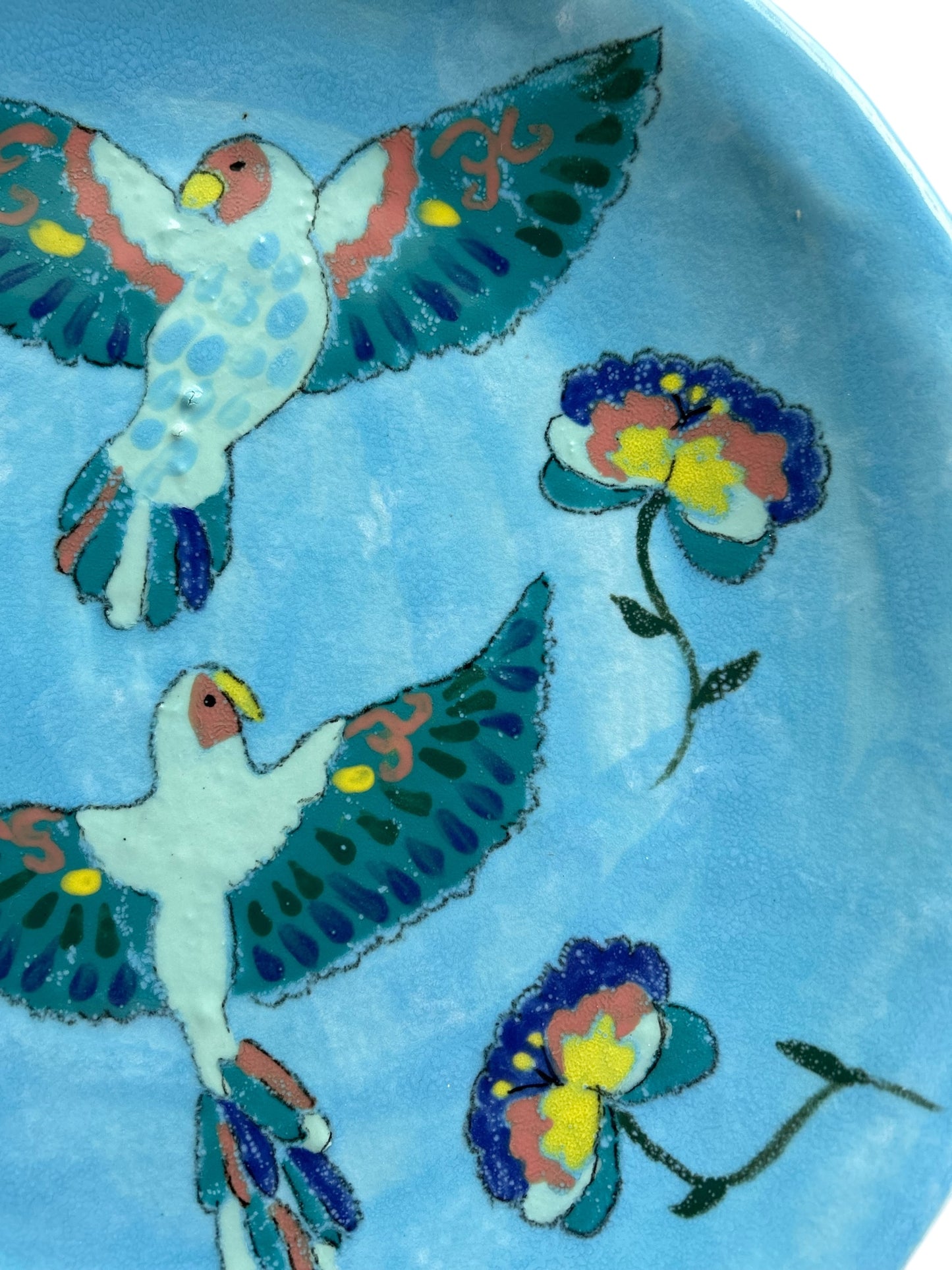 Handbuilt 12" Platter #77 with Handpainted Lovebirds and Stylized Flowers in Sky Blue