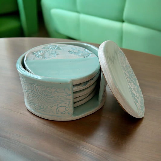 Set of Six Coasters #1 in Mint Green and White with Holder