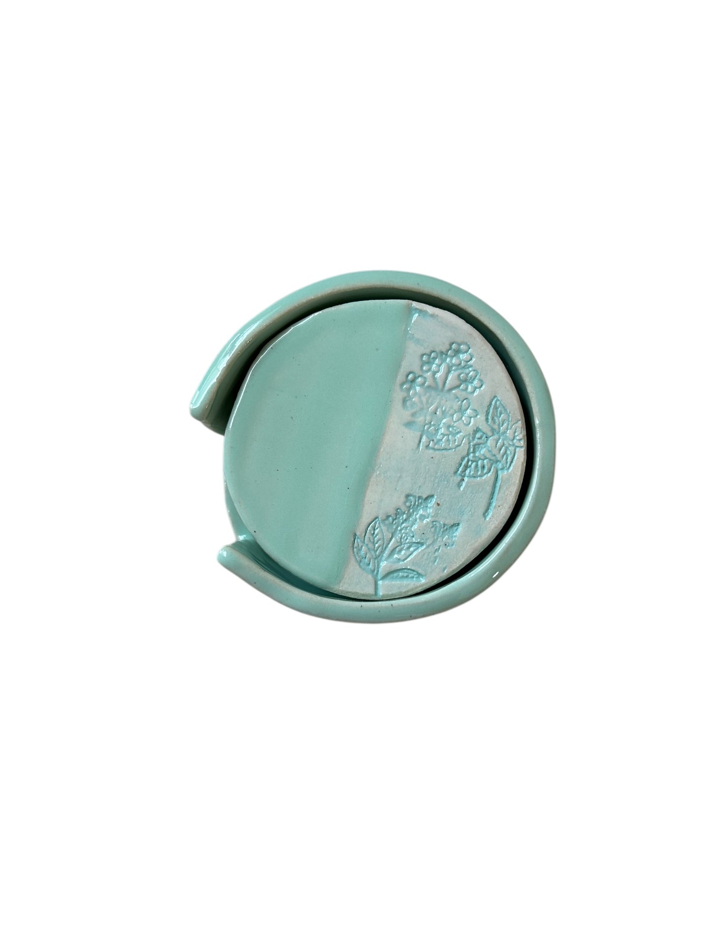 Set of Six Coasters #1 in Mint Green and White with Holder