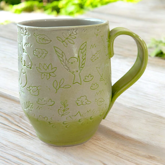 Textured Belly Mug #1 with Birds and Spring Flowers in Pear Green