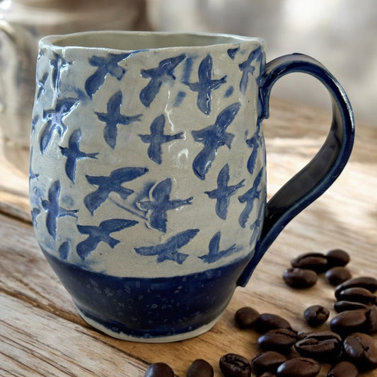Textured Belly Mug #2 with Soaring Birds in Dark Blue