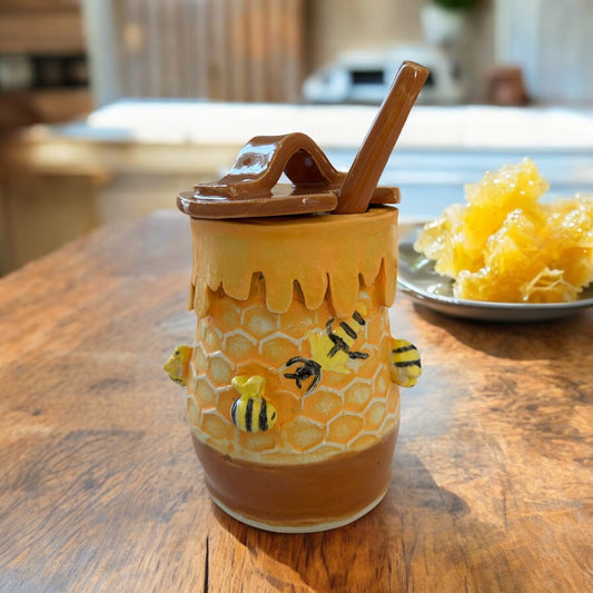 Handbuilt Honey Pot #1 Textured with Sprigged and Handpainted Bees