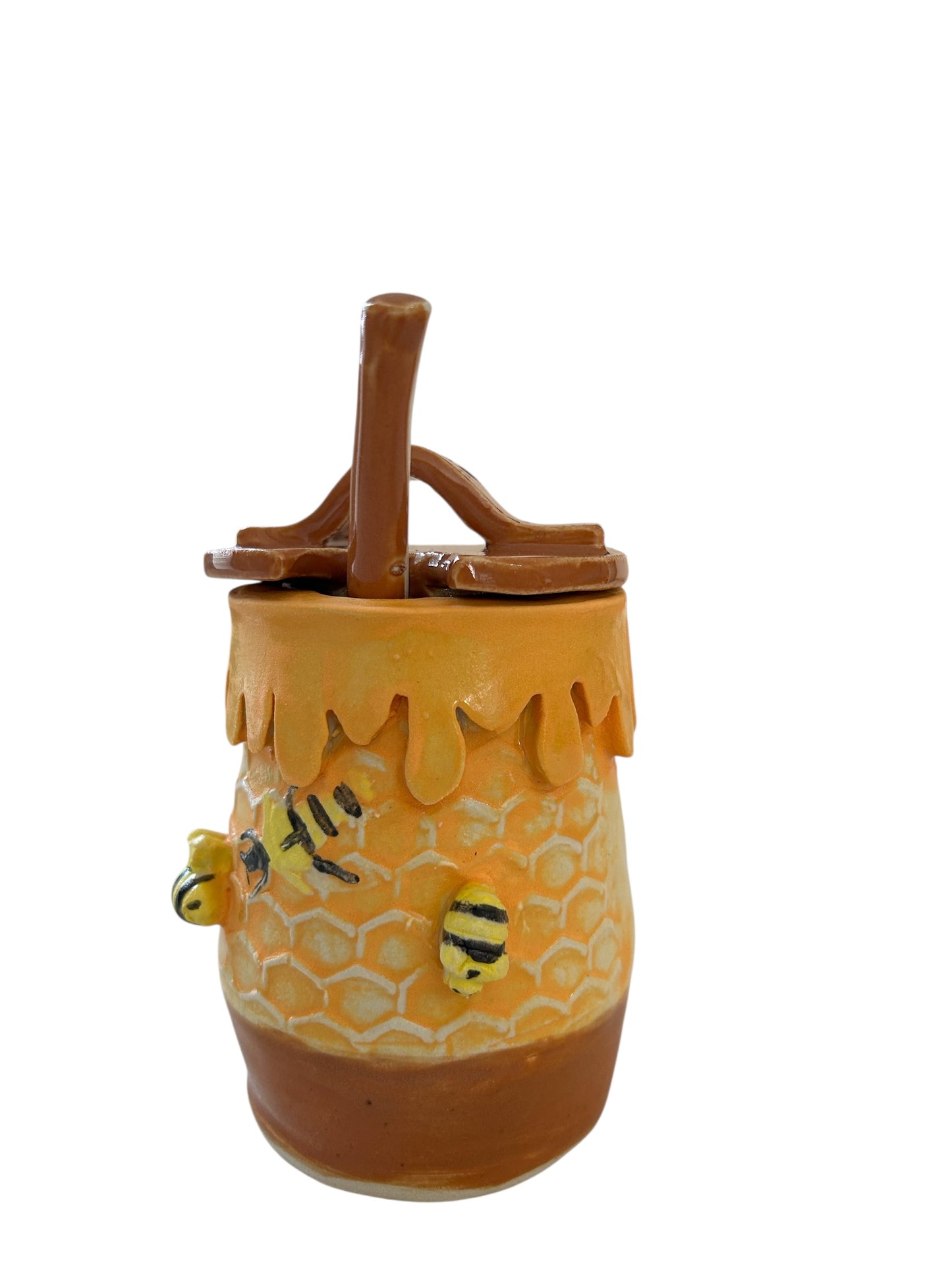 Handbuilt Honey Pot #1 Textured with Sprigged and Handpainted Bees