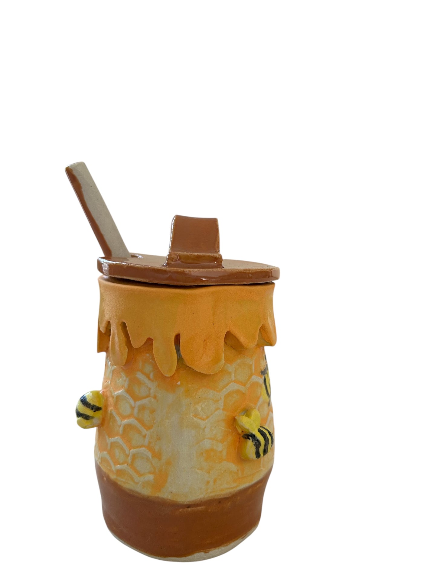 Handbuilt Honey Pot #1 Textured with Sprigged and Handpainted Bees