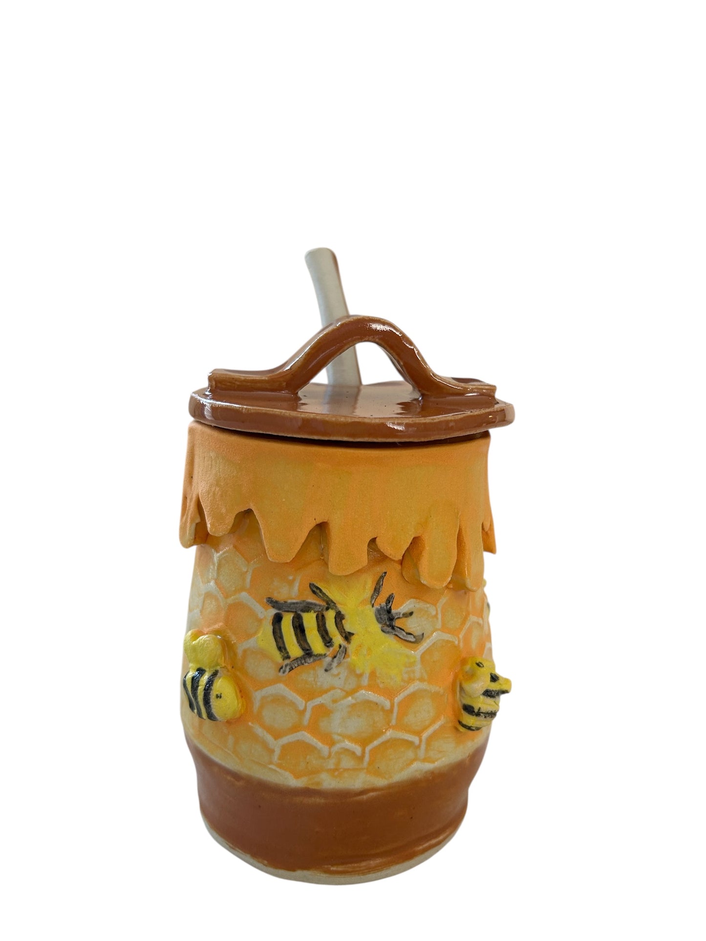 Handbuilt Honey Pot #1 Textured with Sprigged and Handpainted Bees