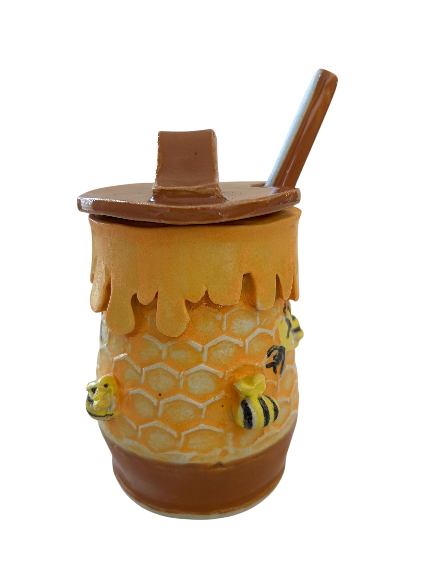 Handbuilt Honey Pot #1 Textured with Sprigged and Handpainted Bees