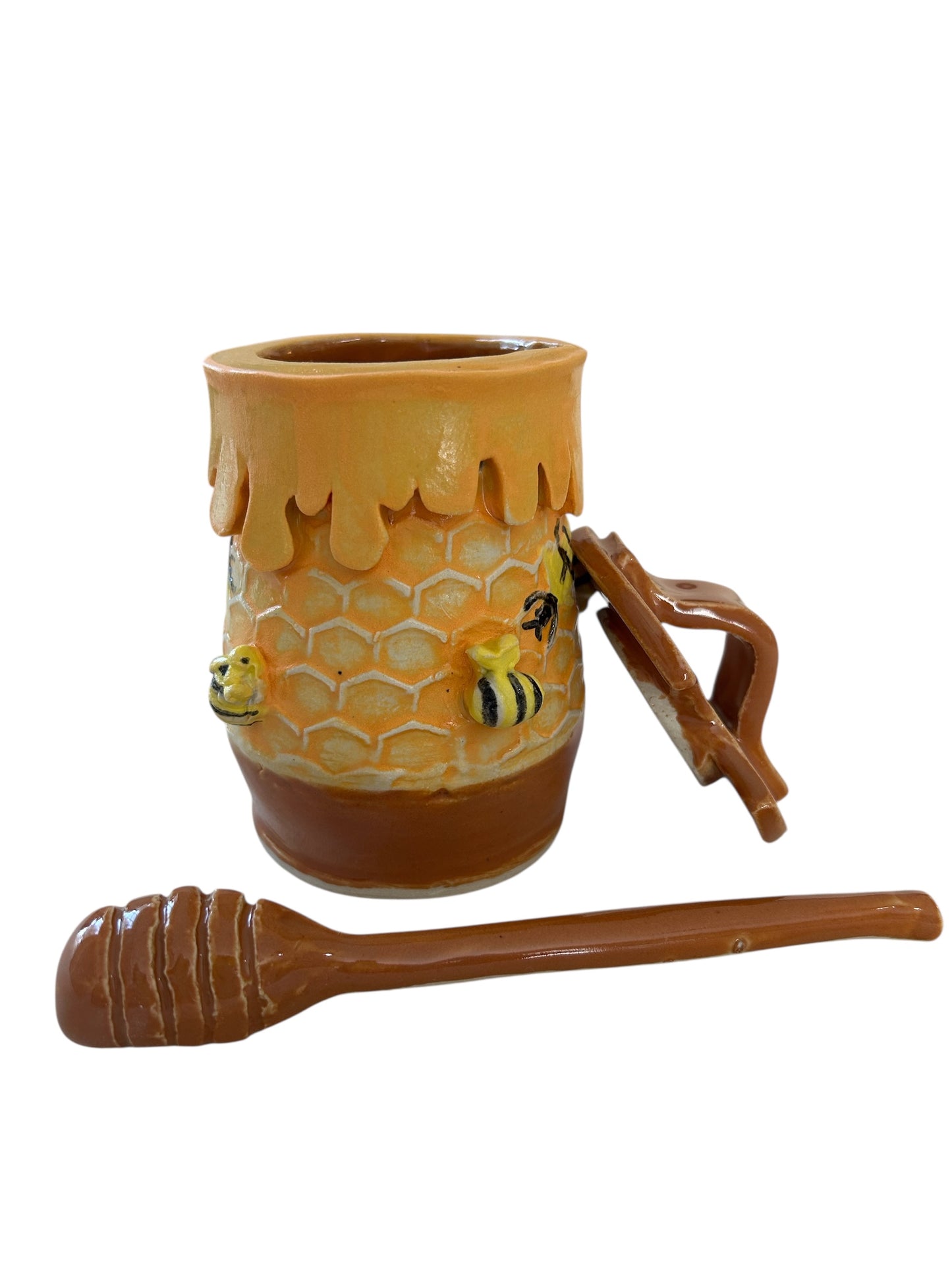 Handbuilt Honey Pot #1 Textured with Sprigged and Handpainted Bees