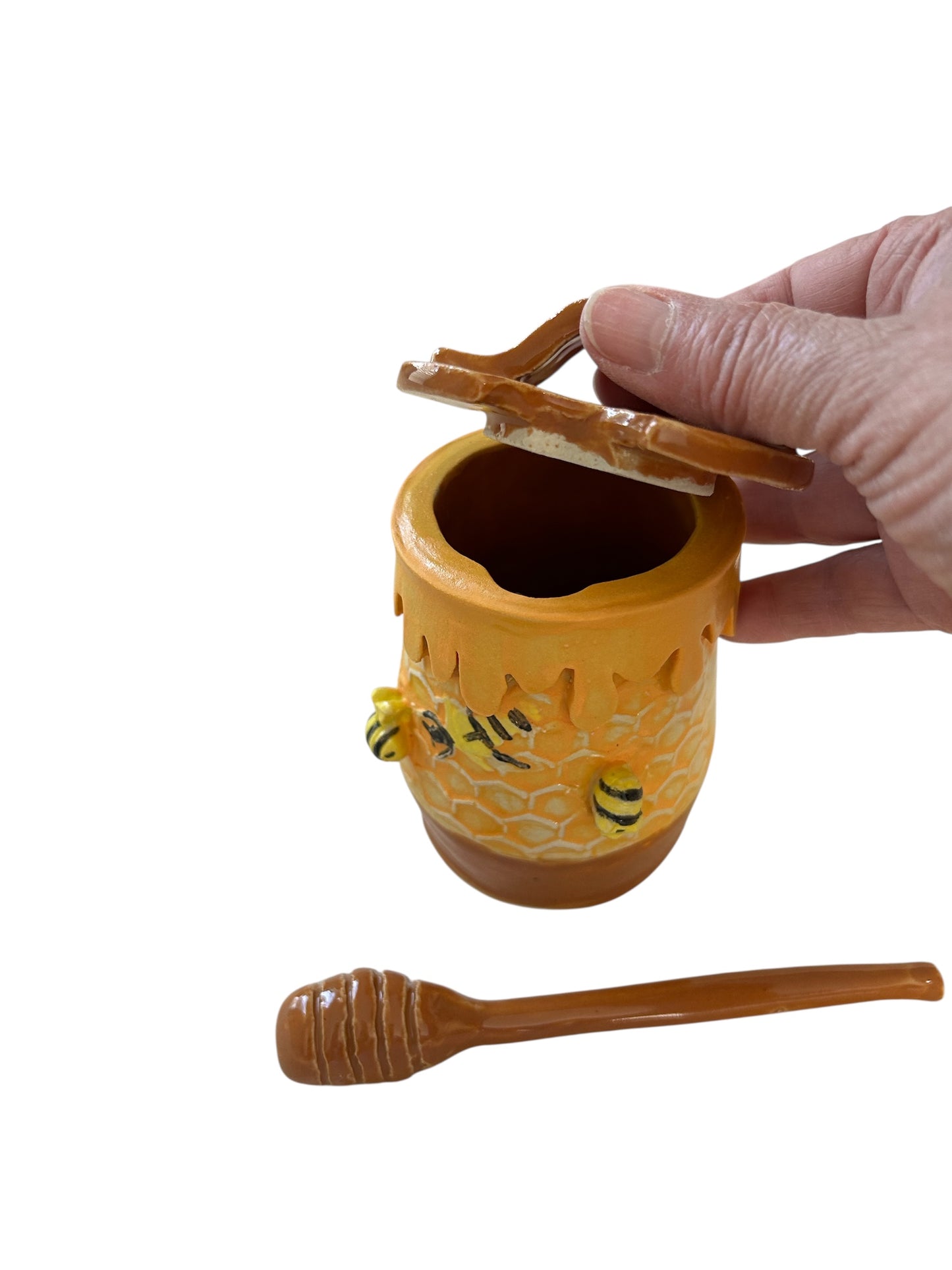 Handbuilt Honey Pot #1 Textured with Sprigged and Handpainted Bees