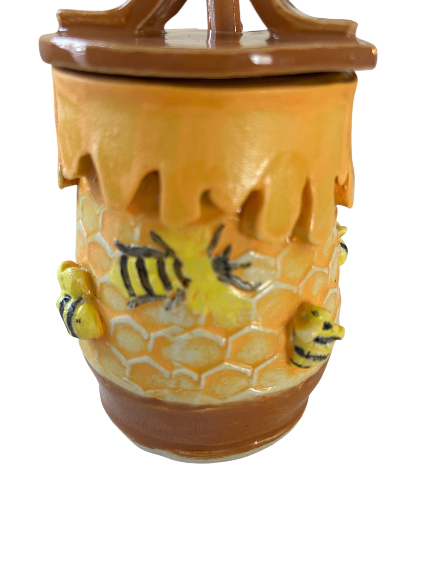 Handbuilt Honey Pot #1 Textured with Sprigged and Handpainted Bees
