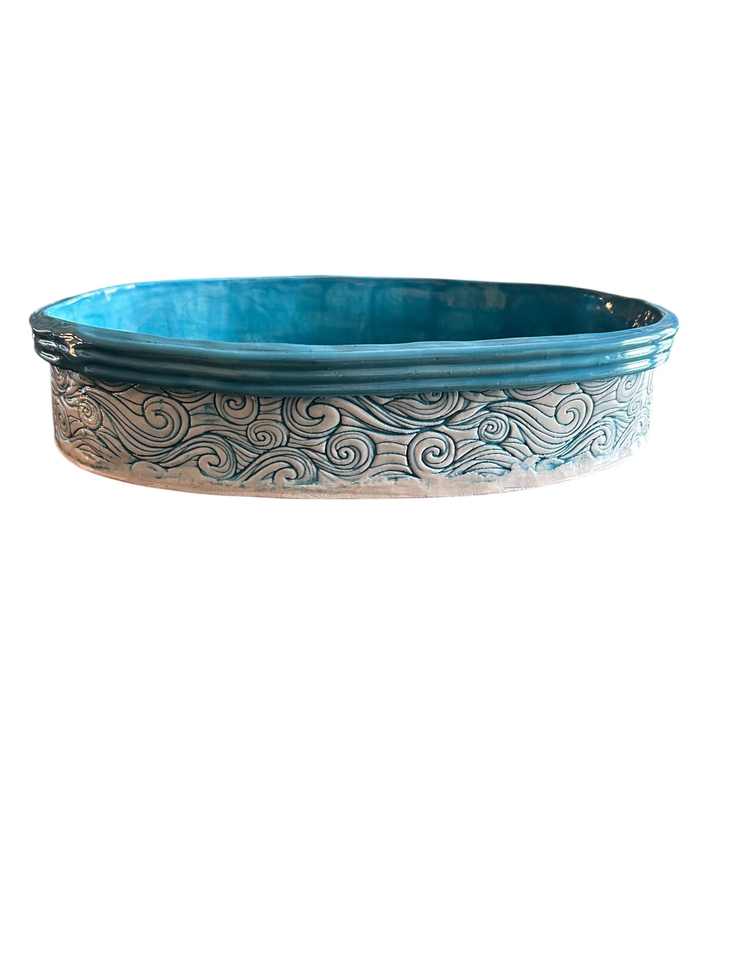 Oval Extruded Casserole #2 with Textured Waves Designs in Turquoise Green
