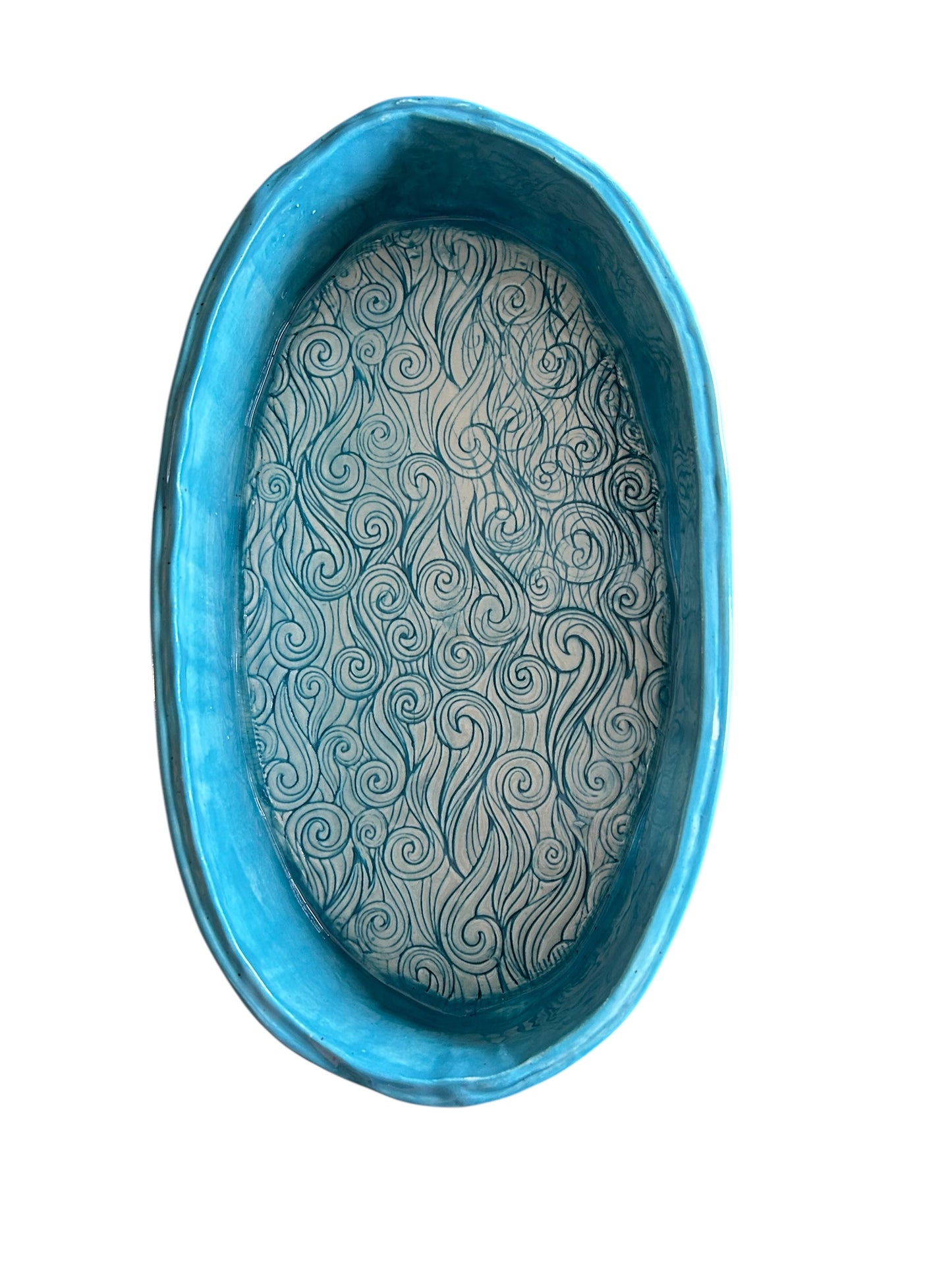 Oval Extruded Casserole #2 with Textured Waves Designs in Turquoise Green