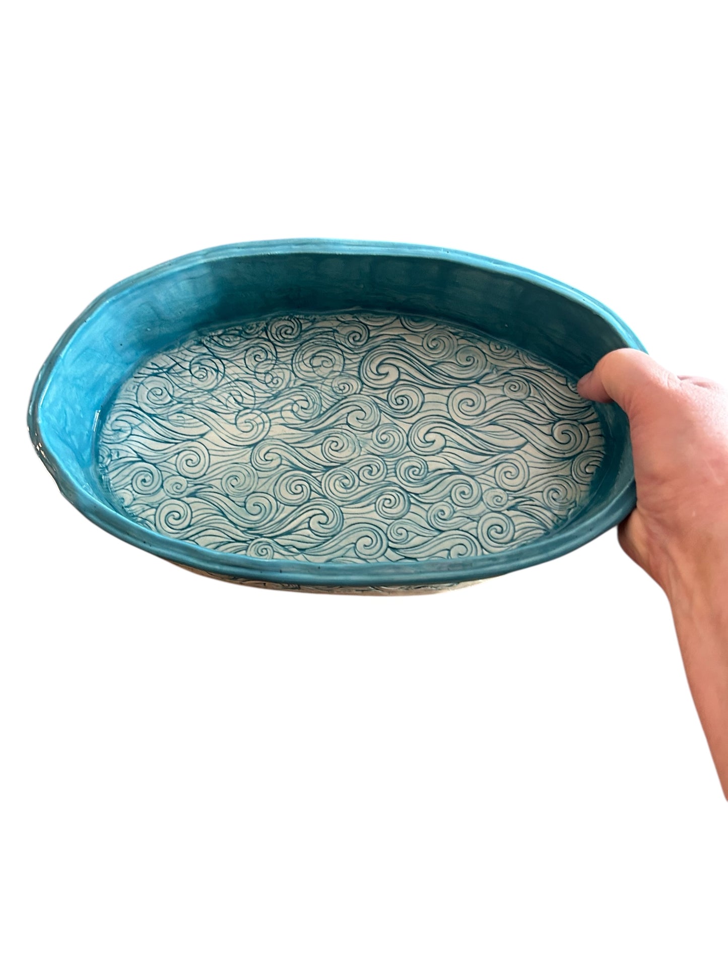 Oval Extruded Casserole #2 with Textured Waves Designs in Turquoise Green