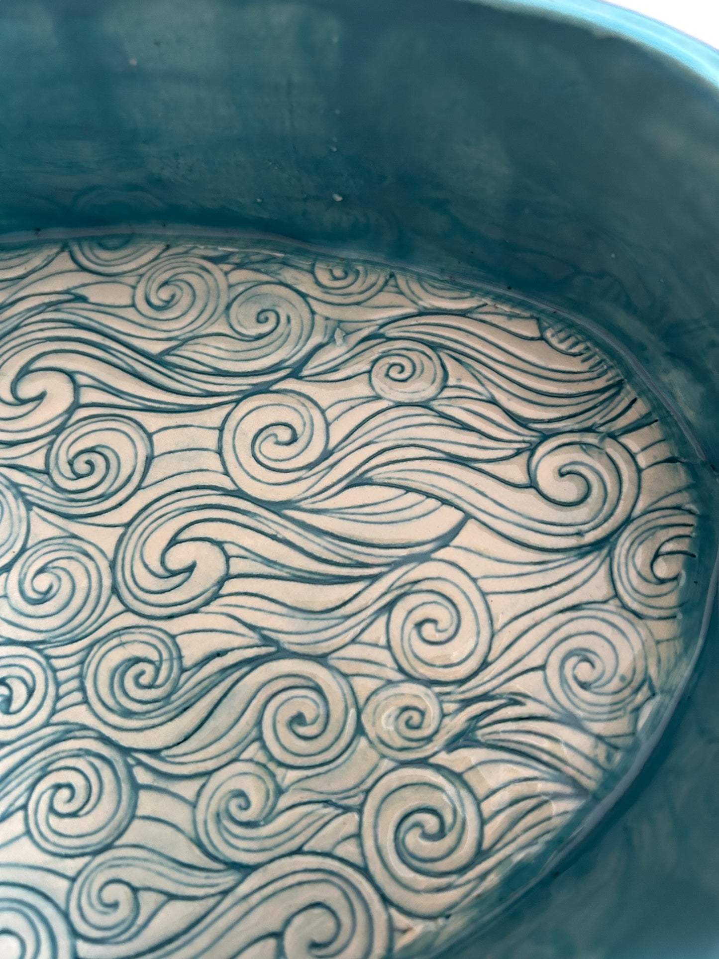 Oval Extruded Casserole #2 with Textured Waves Designs in Turquoise Green