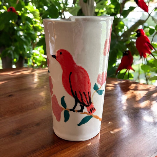 Travel Mug #1 with Handpainted Cardinal and Stylized Flowers