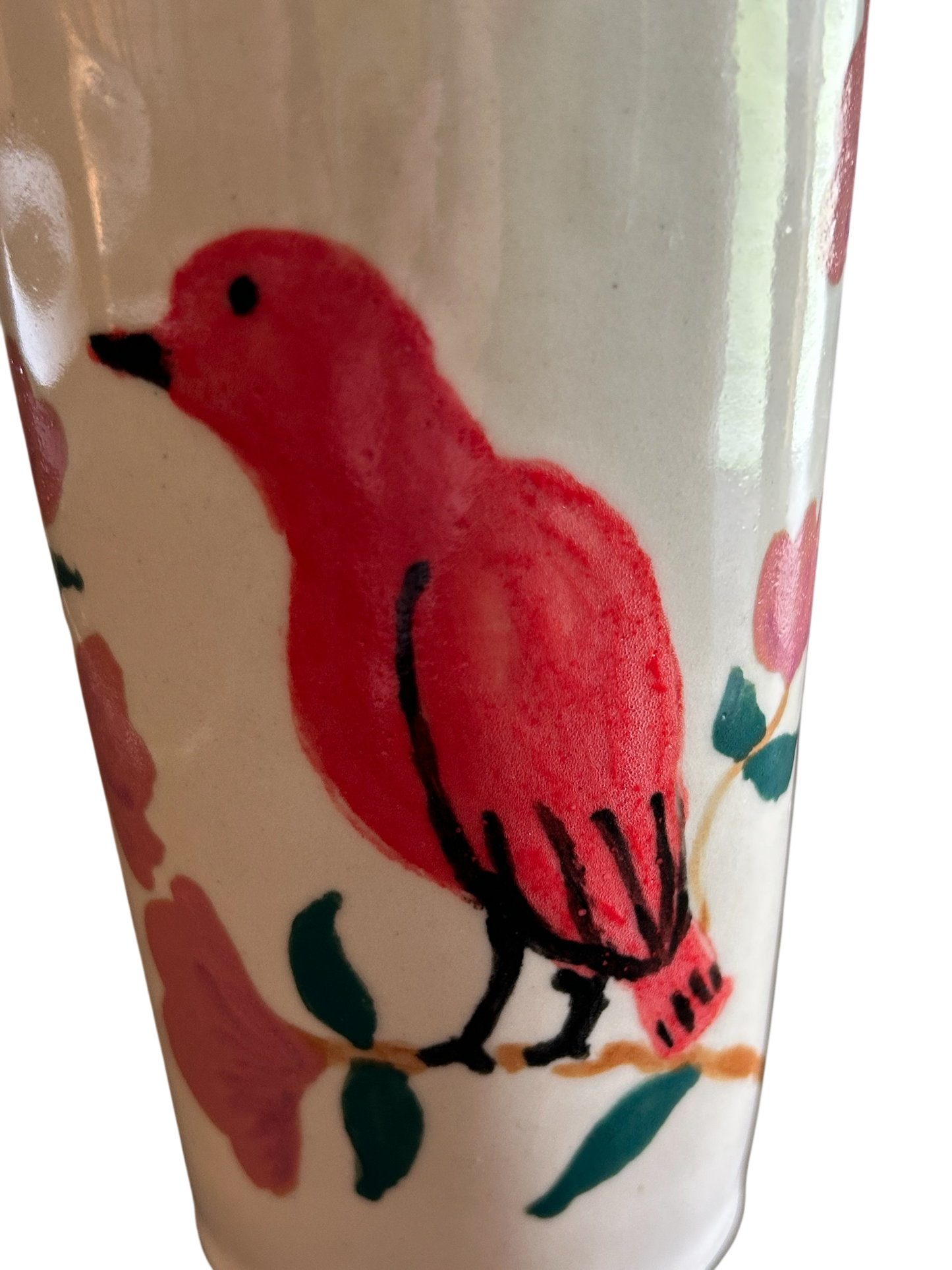 Travel Mug #1 with Handpainted Cardinal and Stylized Flowers
