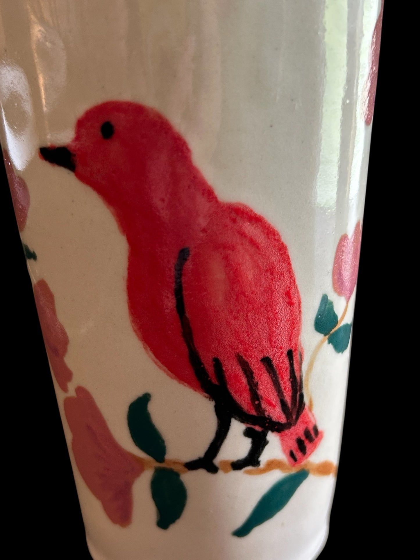 Travel Mug #1 with Handpainted Cardinal and Stylized Flowers