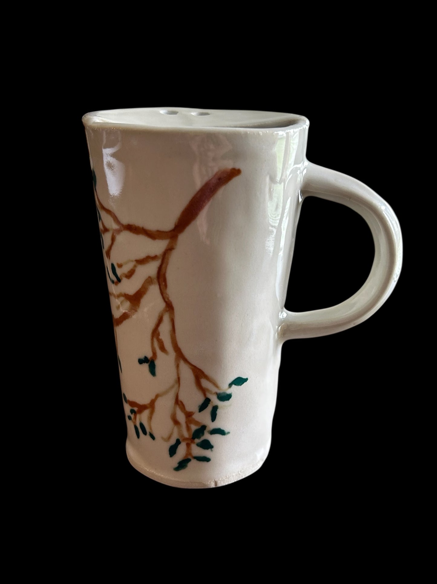 Travel Mug #2 with Handpainted Cardinals and Tree Branches with Left Hand Handle