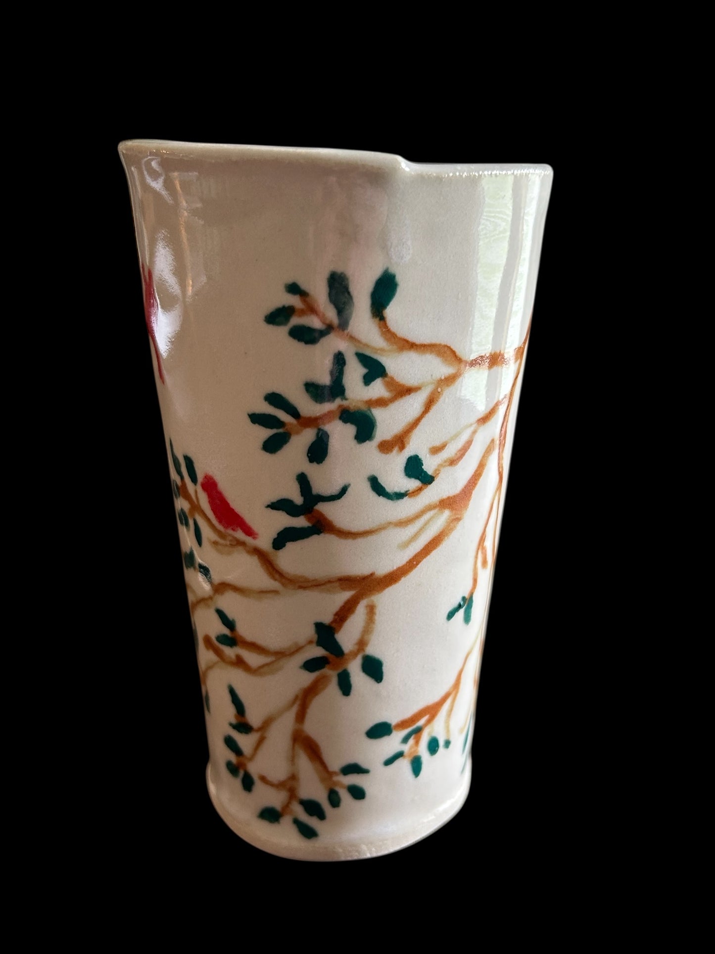 Travel Mug #2 with Handpainted Cardinals and Tree Branches with Left Hand Handle