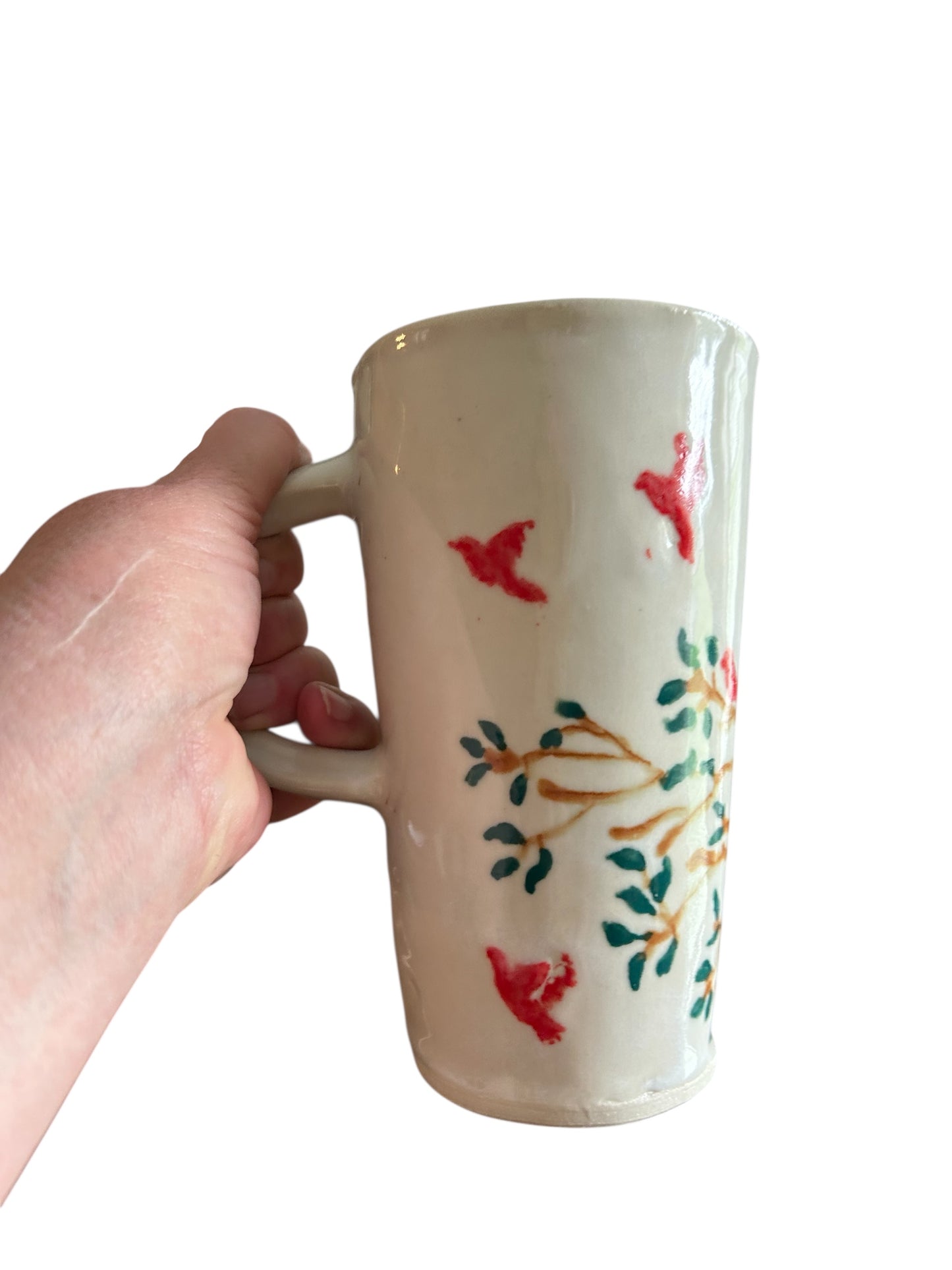 Travel Mug #2 with Handpainted Cardinals and Tree Branches with Left Hand Handle