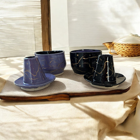 Handbuilt Chawans Japanese Tea Bowls #1 and #2 with Chasen Whisk Holders in Colorblocked and 14K Gold Veining