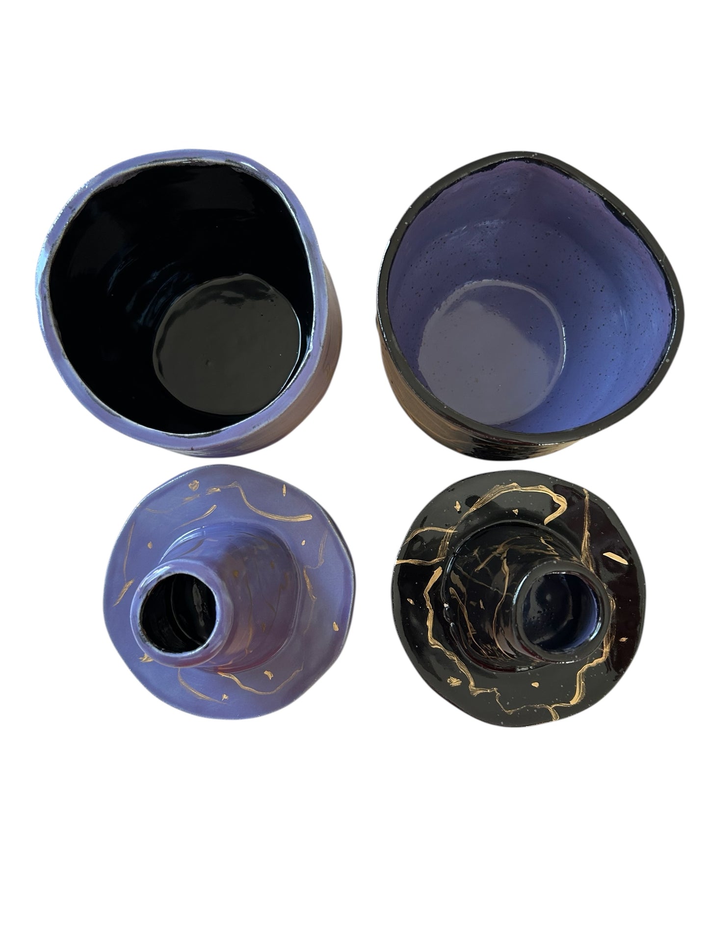 Handbuilt Chawans Japanese Tea Bowls #1 and #2 with Chasen Whisk Holders in Colorblocked and 14K Gold Veining