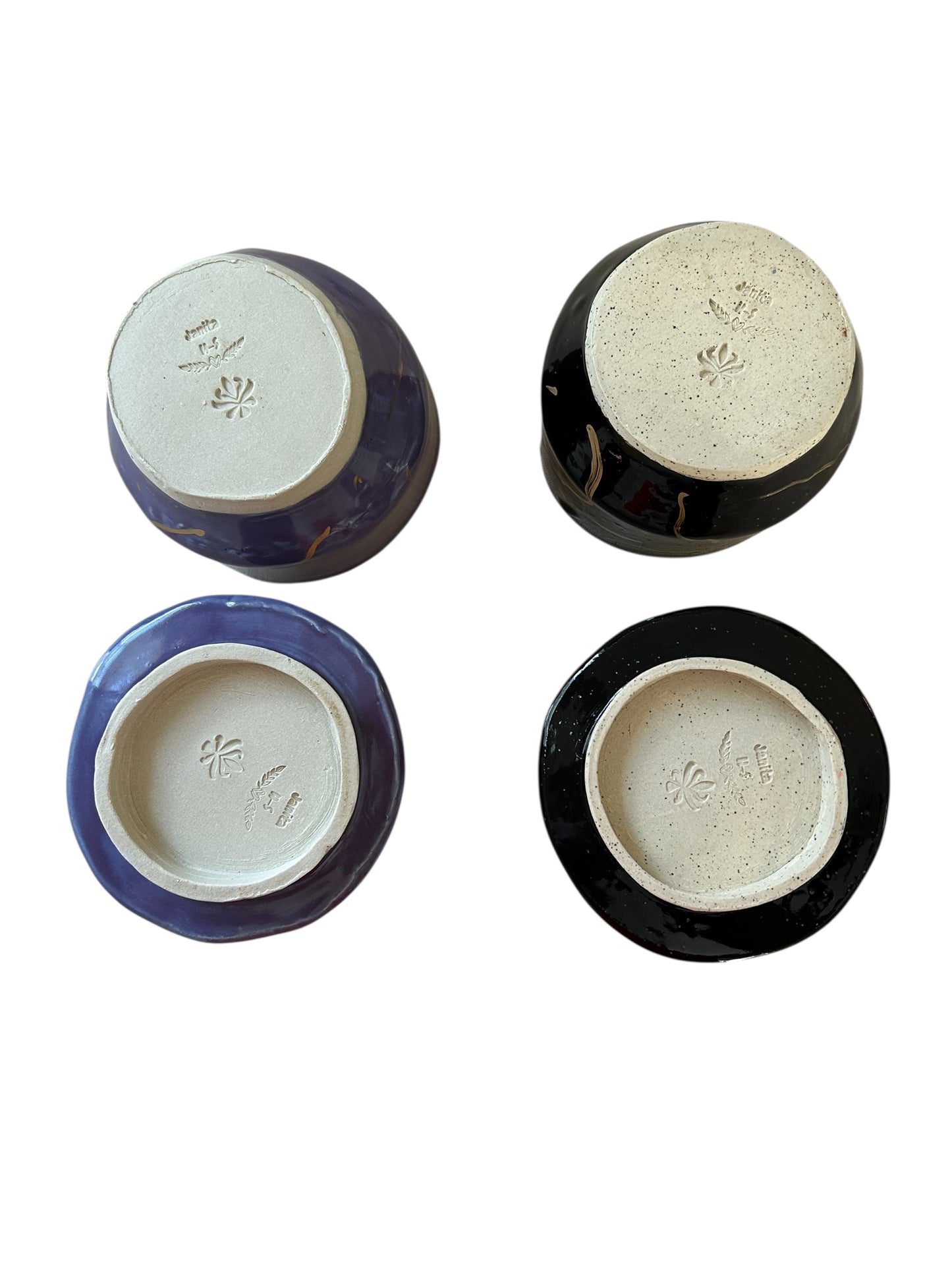 Handbuilt Chawans Japanese Tea Bowls #1 and #2 with Chasen Whisk Holders in Colorblocked and 14K Gold Veining