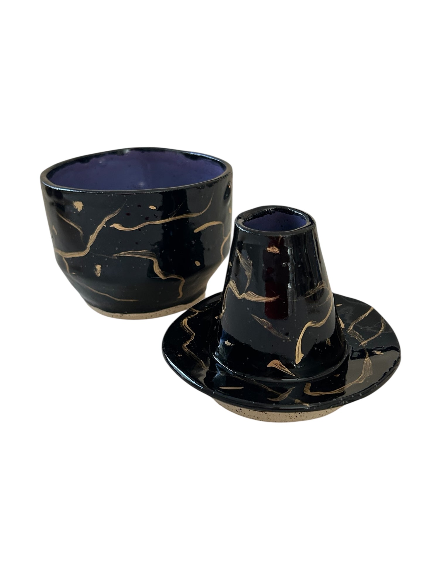 Handbuilt Chawans Japanese Tea Bowls #1 and #2 with Chasen Whisk Holders in Colorblocked and 14K Gold Veining
