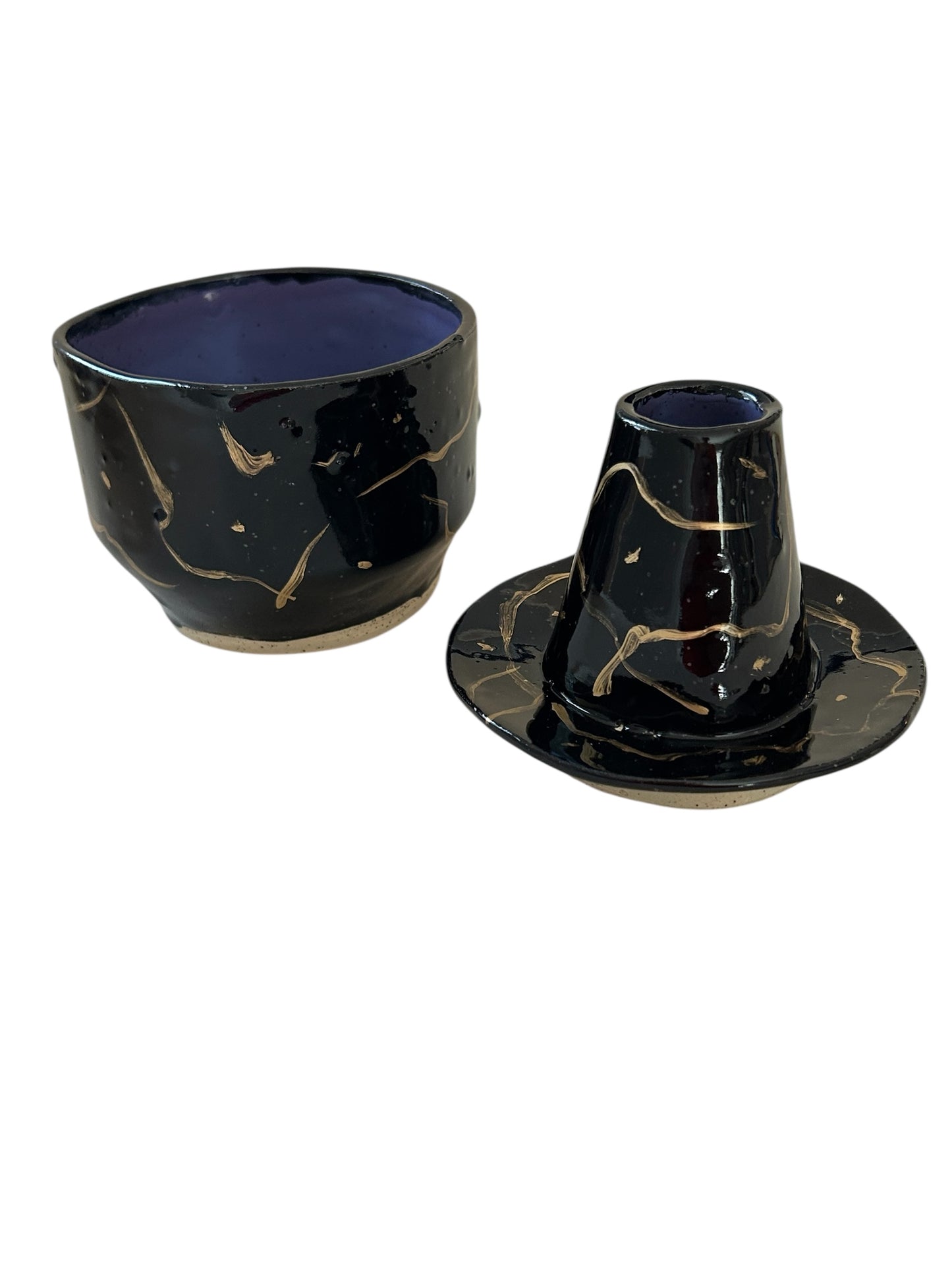 Handbuilt Chawans Japanese Tea Bowls #1 and #2 with Chasen Whisk Holders in Colorblocked and 14K Gold Veining