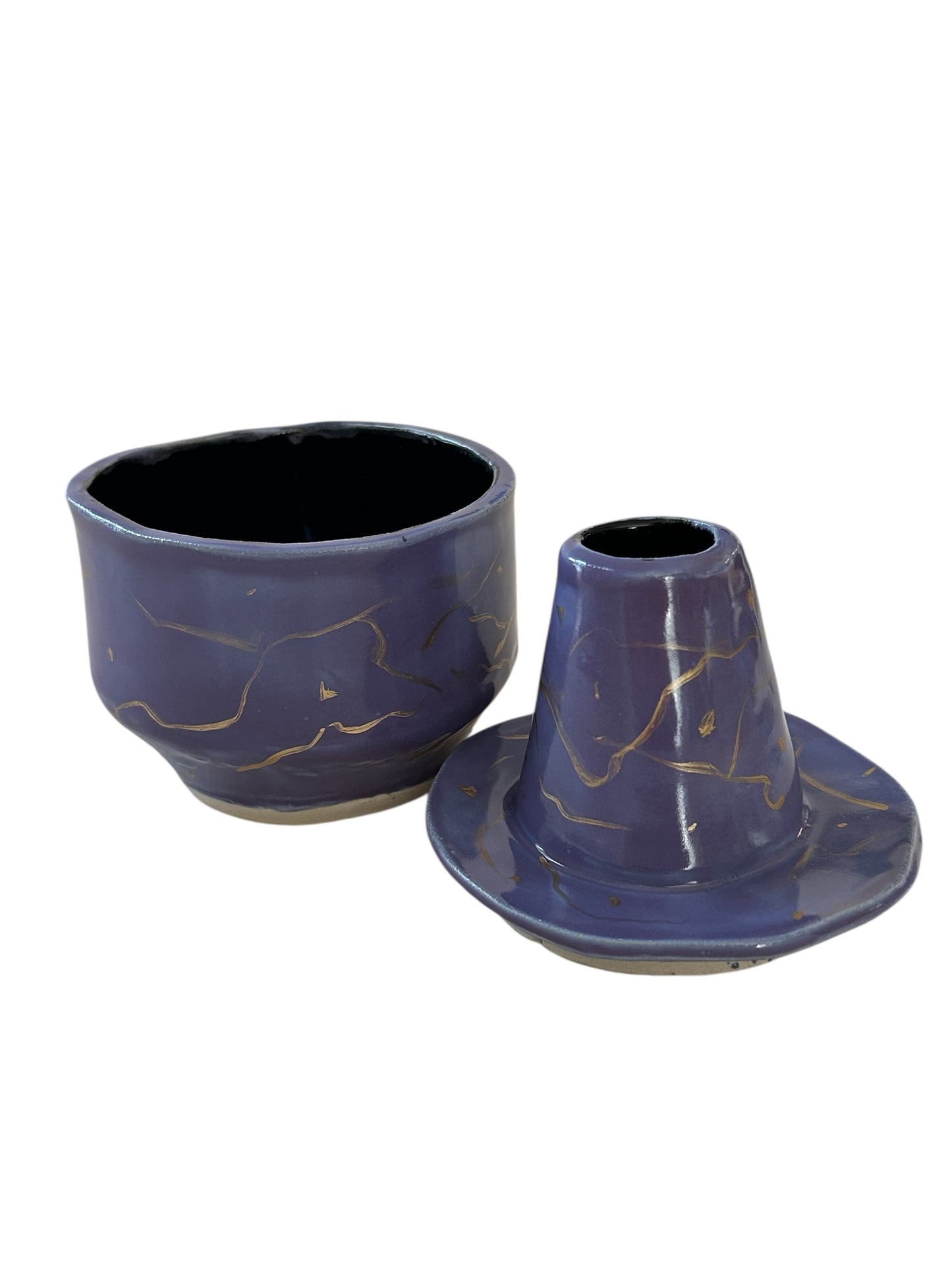 Handbuilt Chawans Japanese Tea Bowls #1 and #2 with Chasen Whisk Holders in Colorblocked and 14K Gold Veining