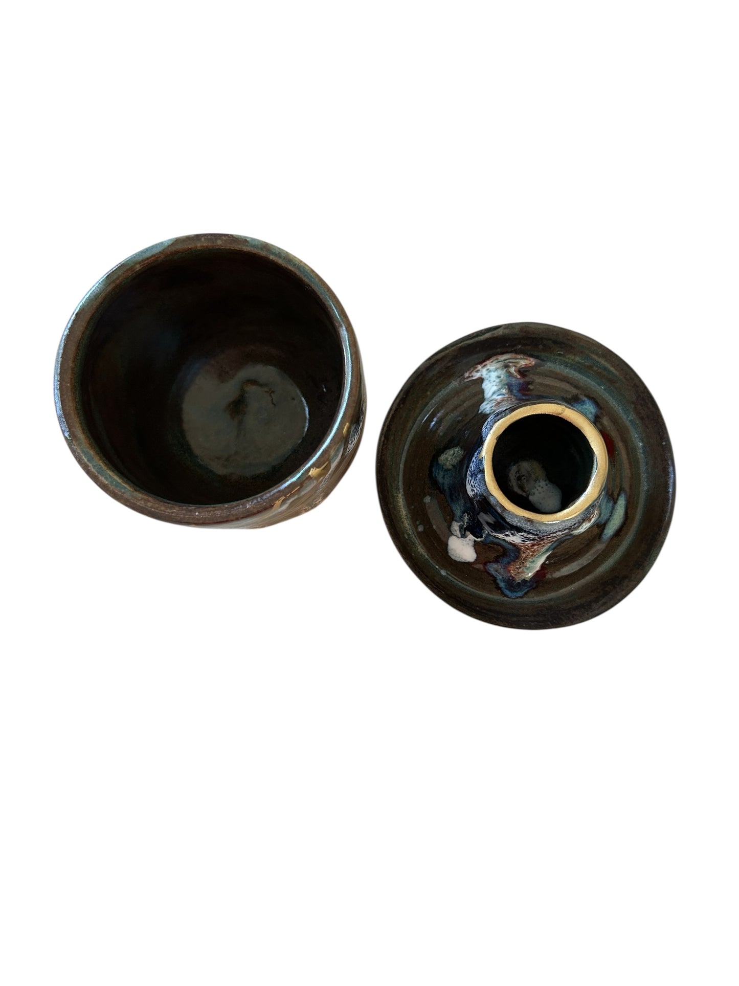 Traditional Japanese Chawan Tea Bowl and Chasen Whisk Holder Set #3 with 14K Gold Accents