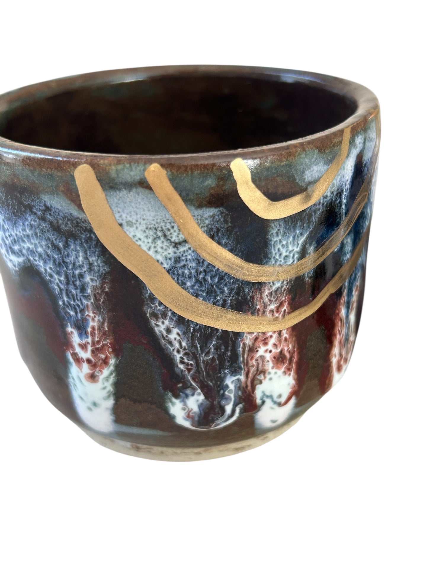 Traditional Japanese Chawan Tea Bowl and Chasen Whisk Holder Set #3 with 14K Gold Accents
