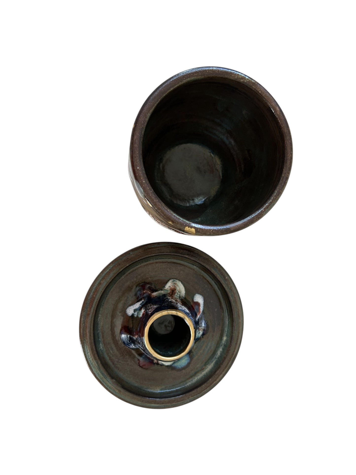 Traditional Chawan Tea Bowl and Chasen Whisk Holder Set #4 with 14K Gold Accents