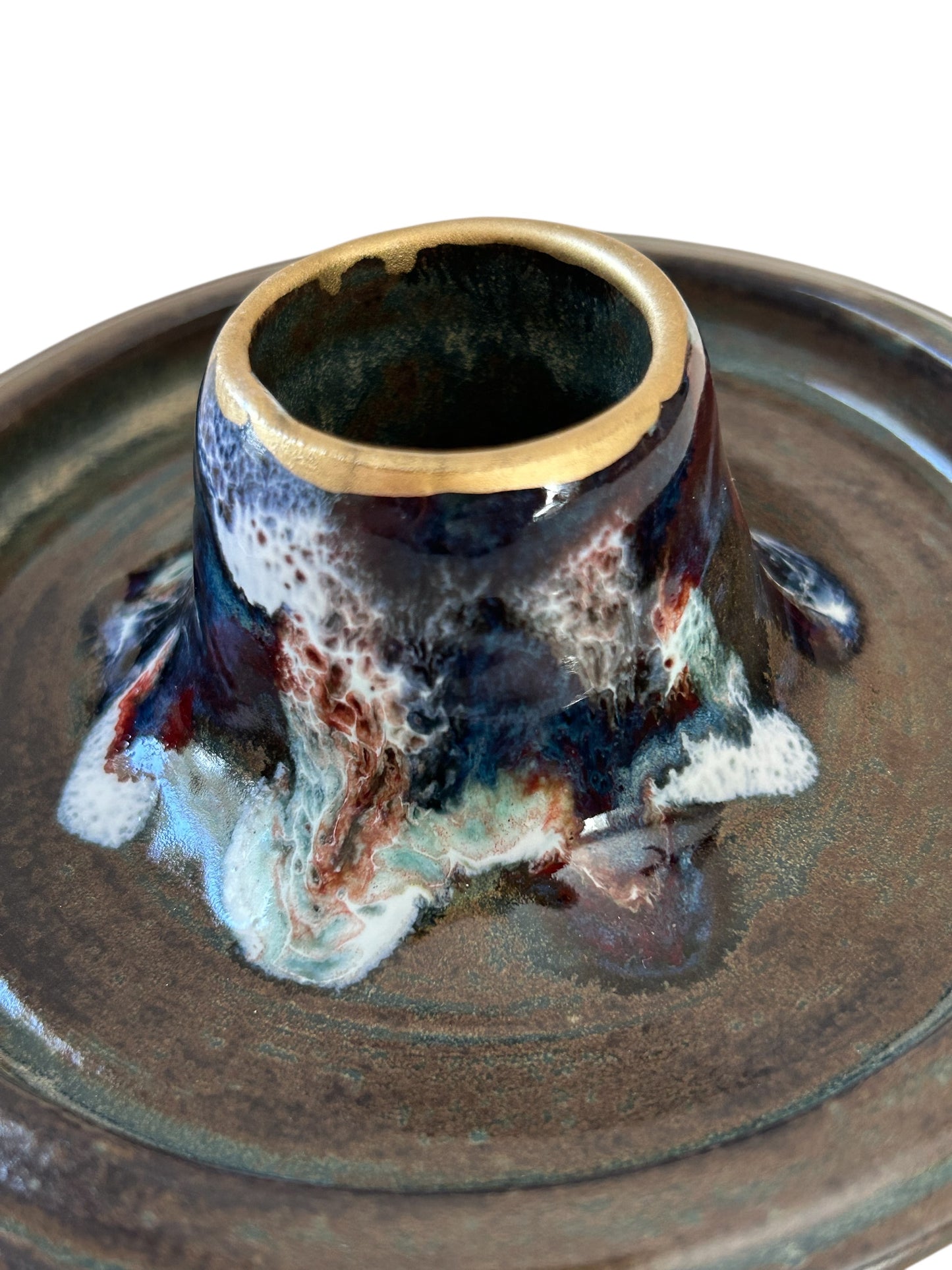Traditional Chawan Tea Bowl and Chasen Whisk Holder Set #4 with 14K Gold Accents