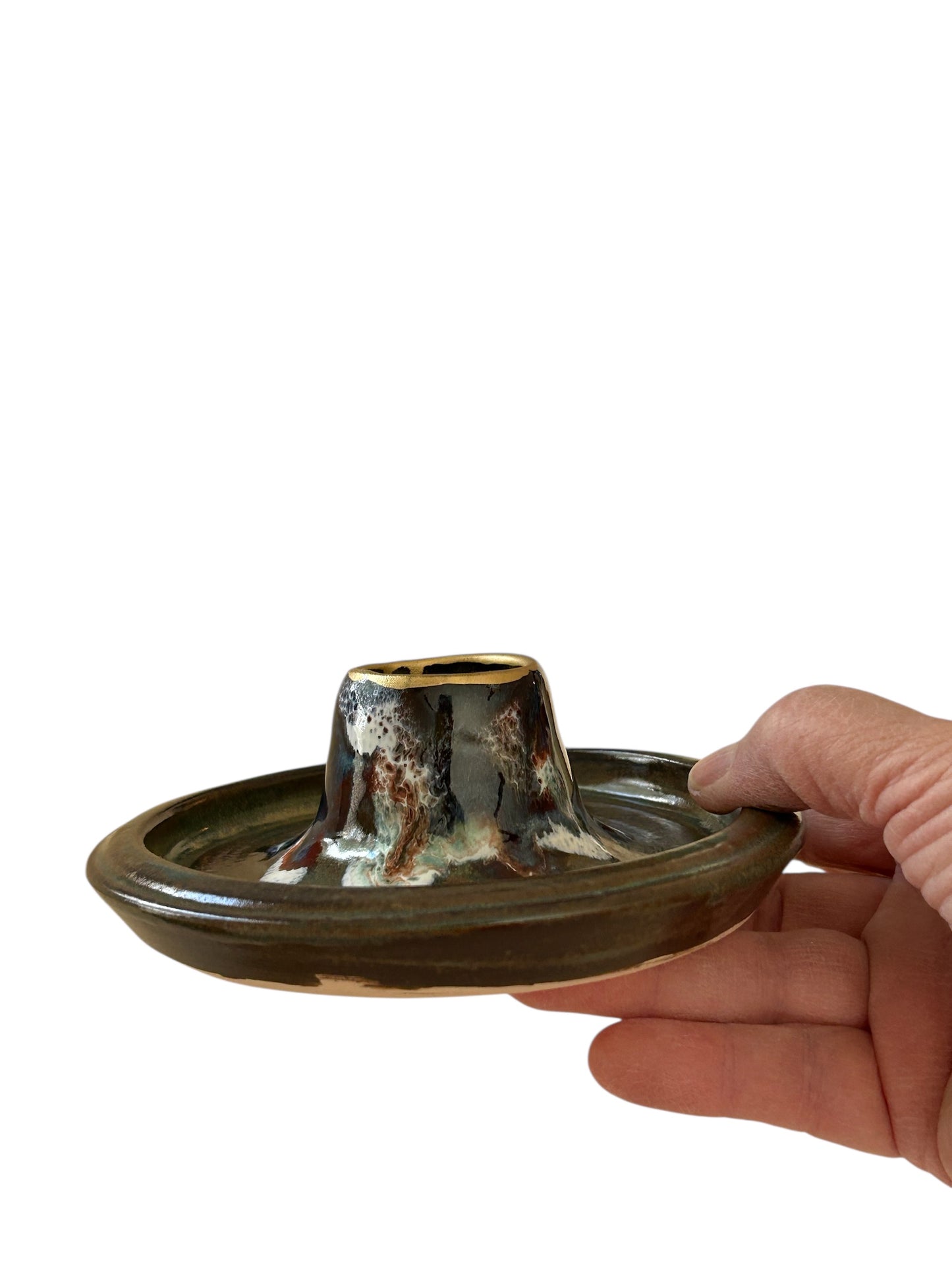 Traditional Chawan Tea Bowl and Chasen Whisk Holder Set #4 with 14K Gold Accents