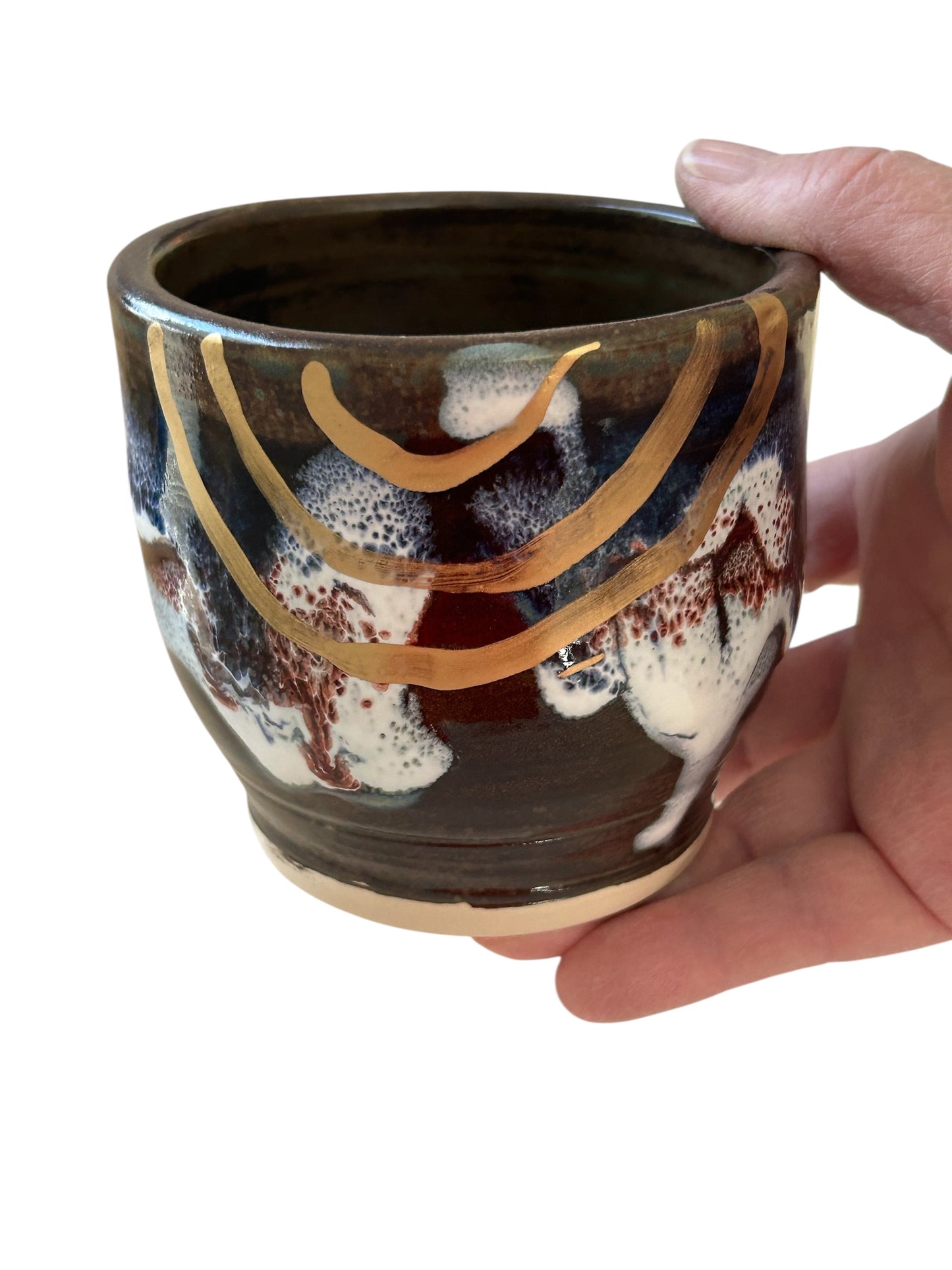 Traditional Chawan Tea Bowl and Chasen Whisk Holder Set #4 with 14K Gold Accents