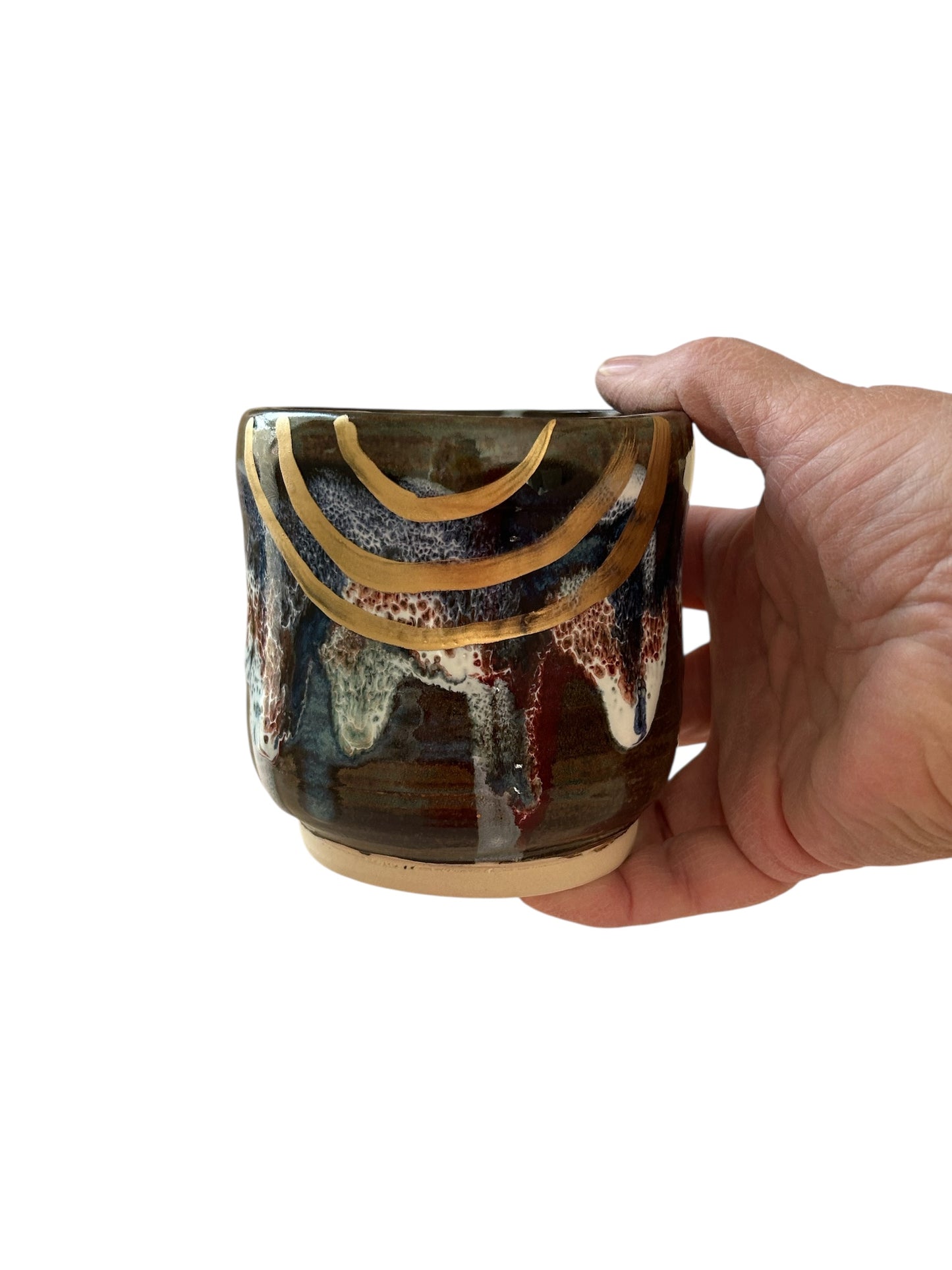 Traditional Chawan Tea Bowl and Chasen Whisk Holder Set #5 with 14K Gold Accents