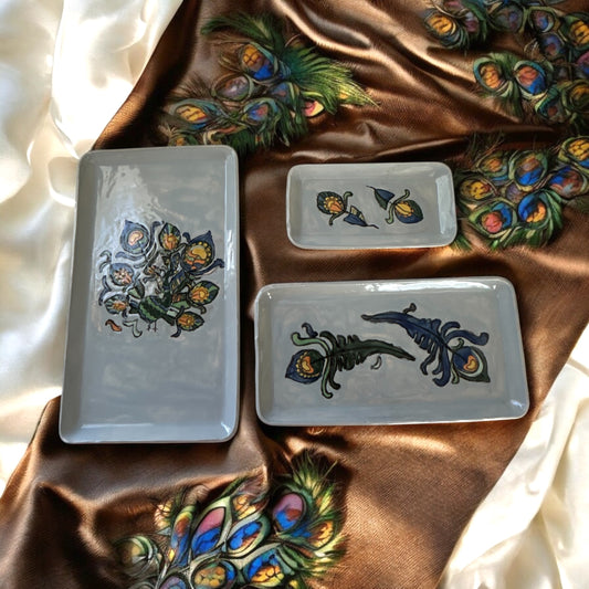 Decorative Set of Peacock Plates #43 with Handpainted Bird and Feather Designs