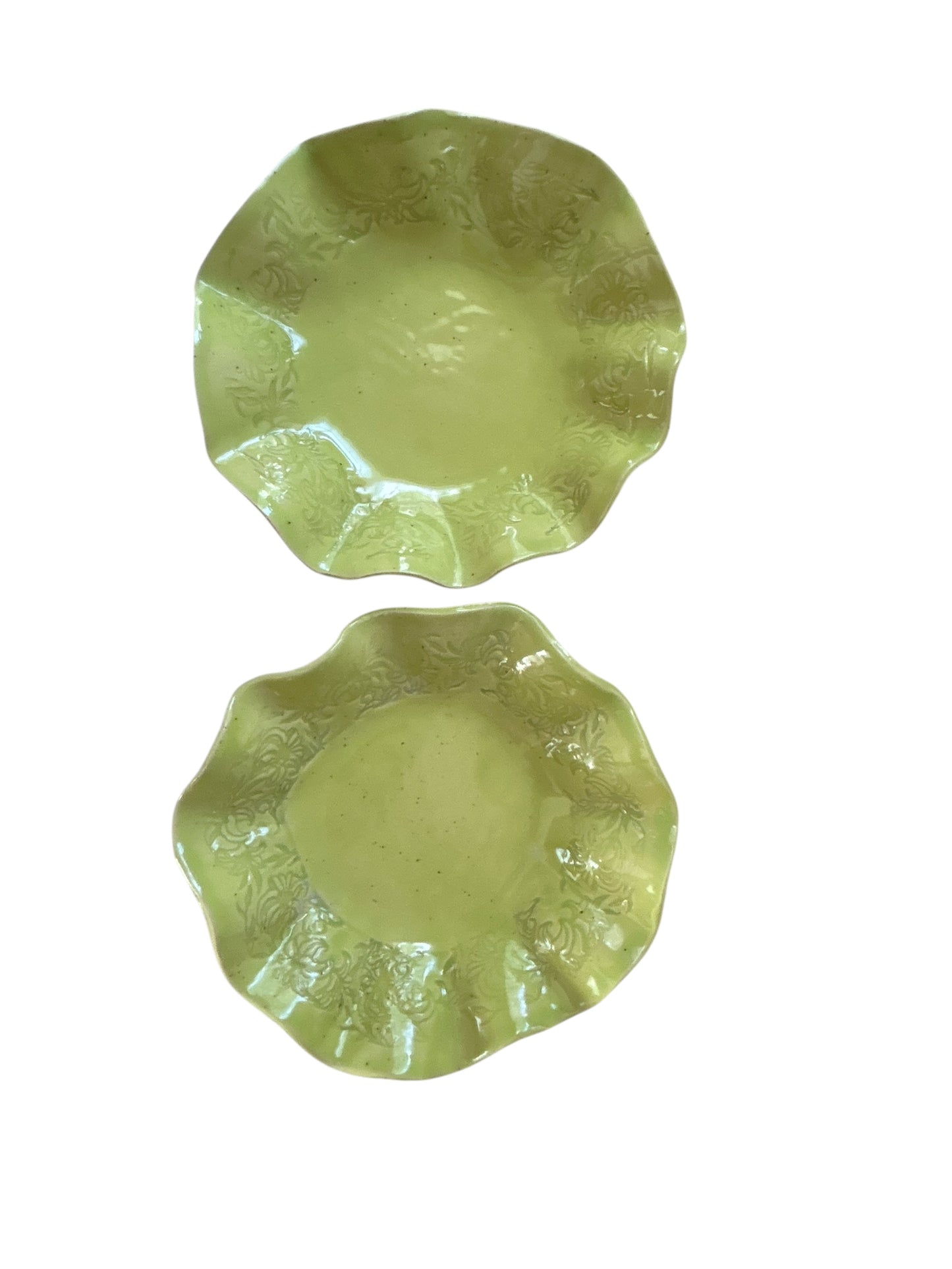 Set of Two Bowls #68 with Ruffled Rims in Yellow Green on Speckled Clay