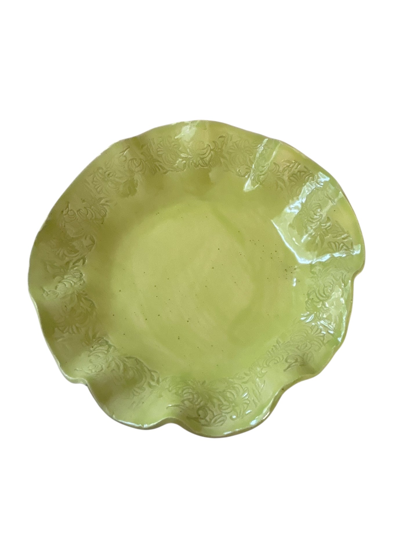 Large Salad Bowl #61 with Ruffled Rim in Yellow Green on Speckled Clay