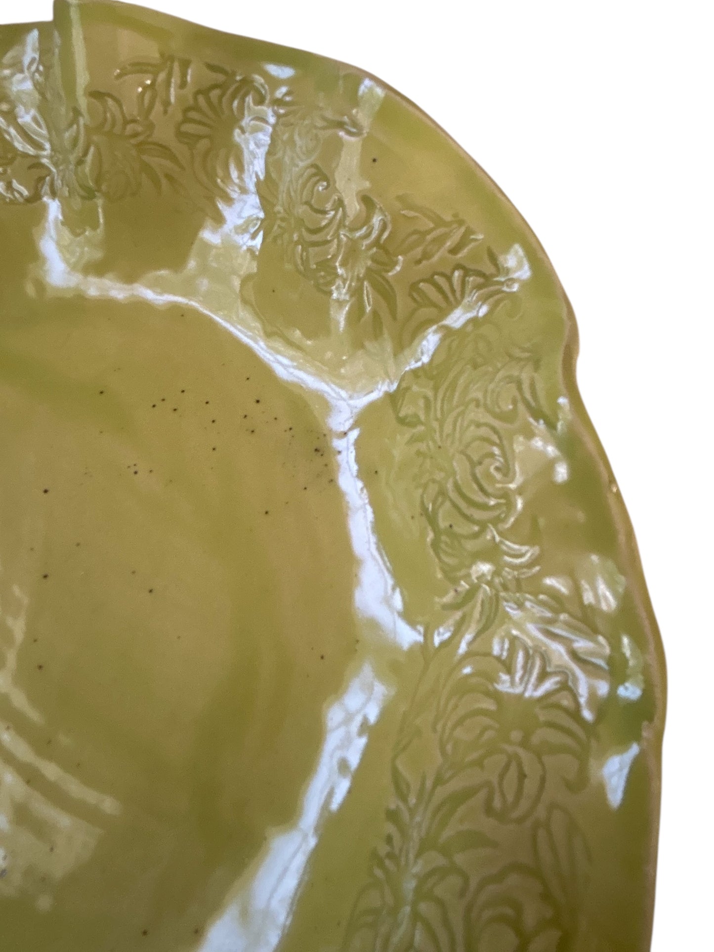 Large Salad Bowl #61 with Ruffled Rim in Yellow Green on Speckled Clay