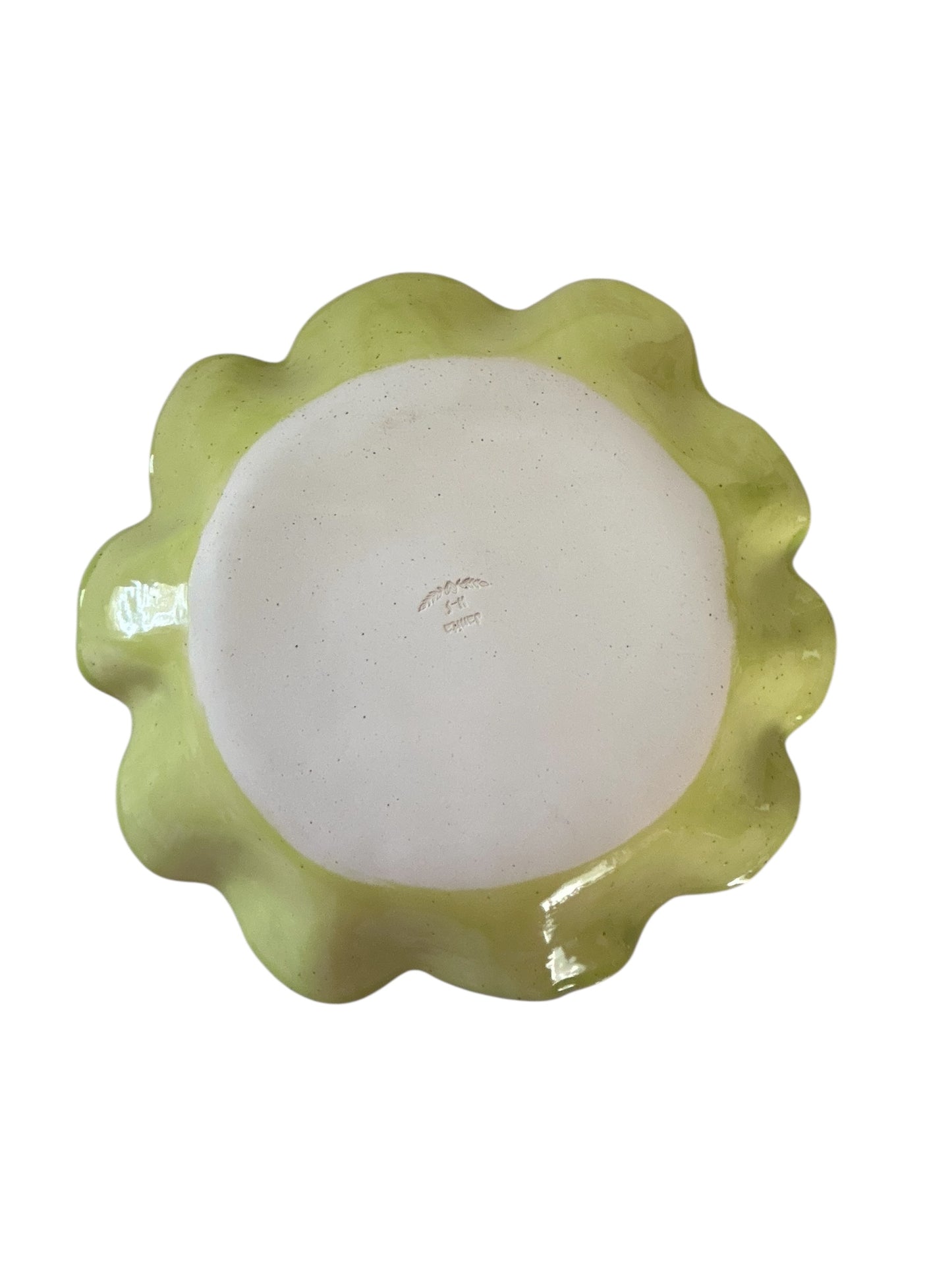 Large Salad Bowl #61 with Ruffled Rim in Yellow Green on Speckled Clay