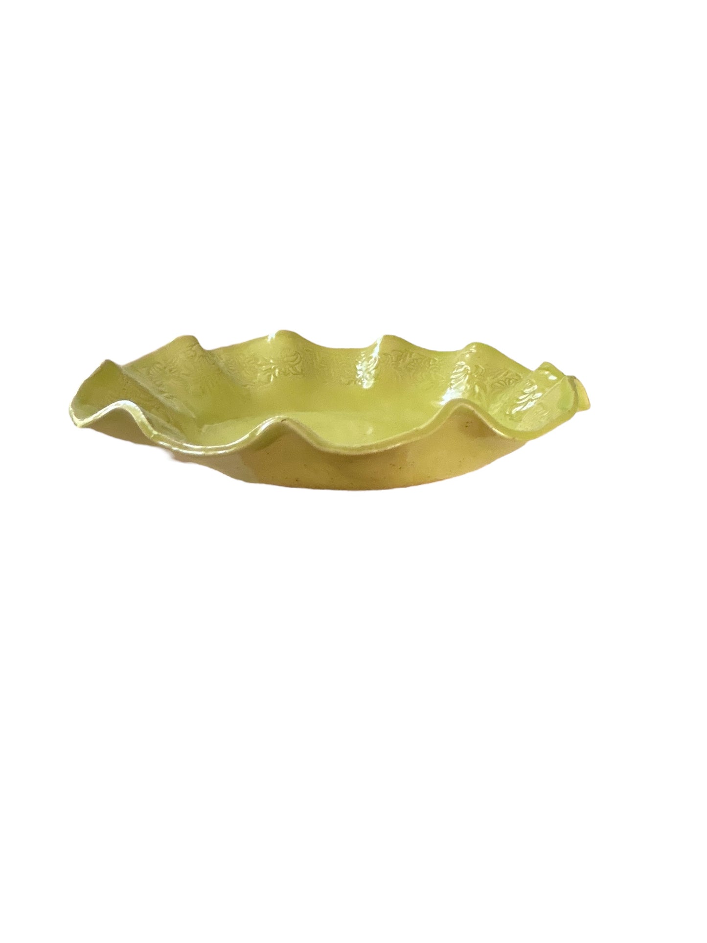 Large Salad Bowl #61 with Ruffled Rim in Yellow Green on Speckled Clay