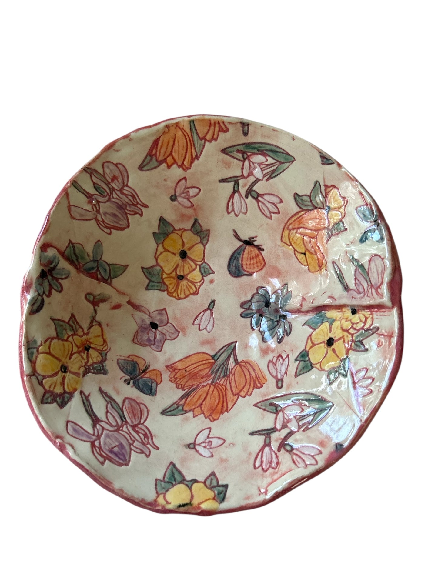 Medium Handpainted Origami Bowl # 59 with Spring Flowers in Fairy Rose Pink and Creamy White