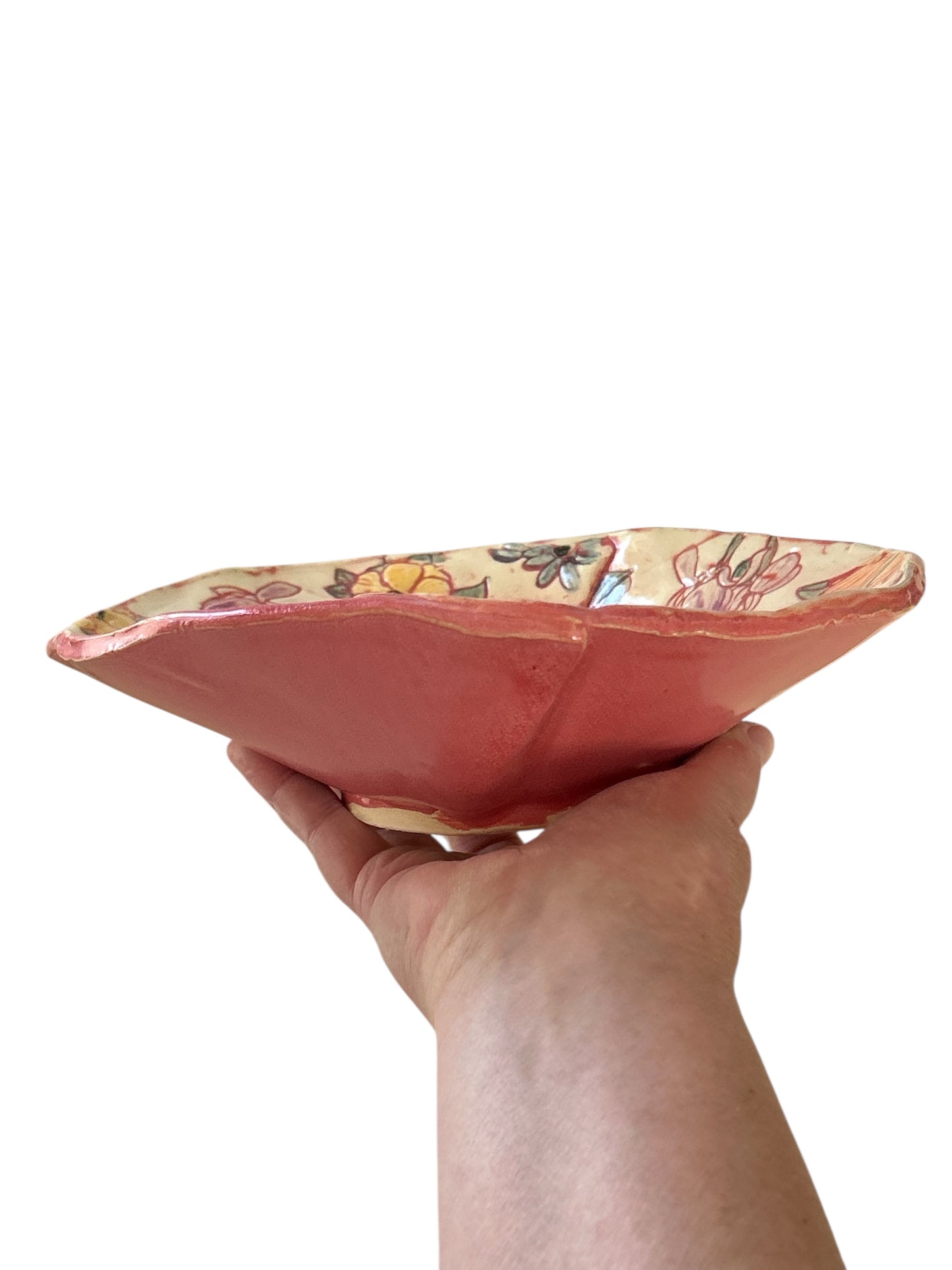 Medium Handpainted Origami Bowl # 59 with Spring Flowers in Fairy Rose Pink and Creamy White
