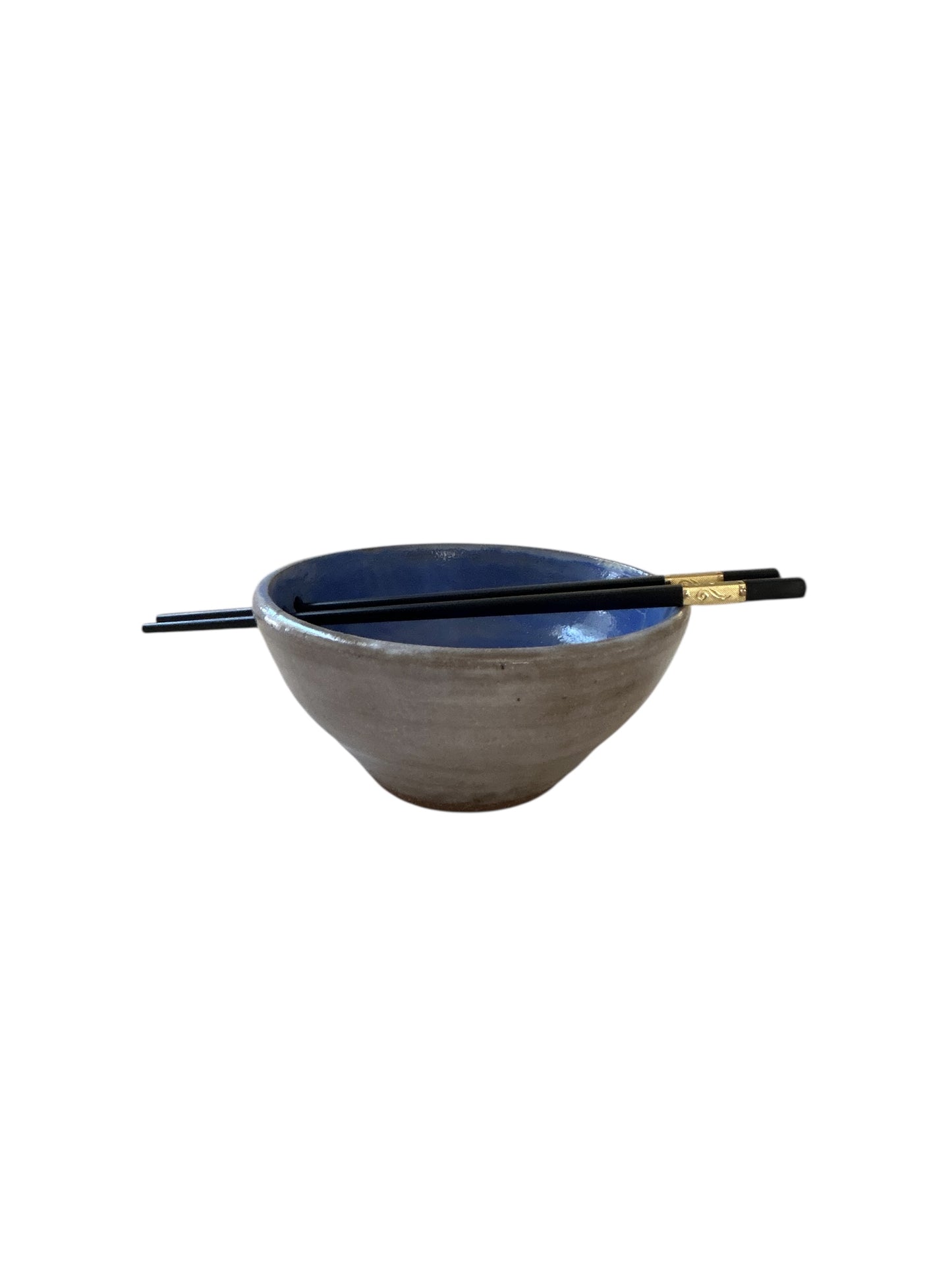 Wheel-Thrown Ramen Noodle Bowl #23 with Built-In Chopsticks Holder with Handpainted Shell in Blue and White