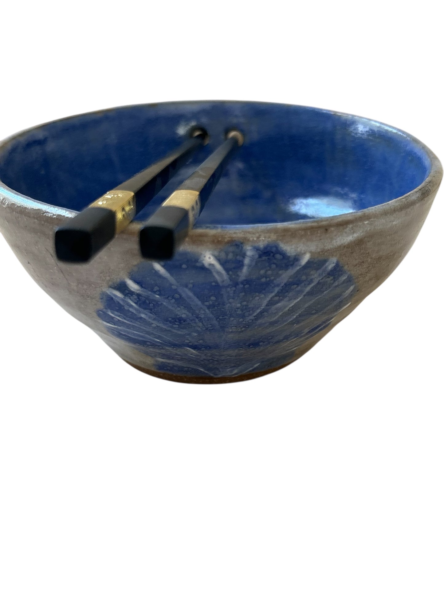 Wheel-Thrown Ramen Noodle Bowl #23 with Built-In Chopsticks Holder with Handpainted Shell in Blue and White