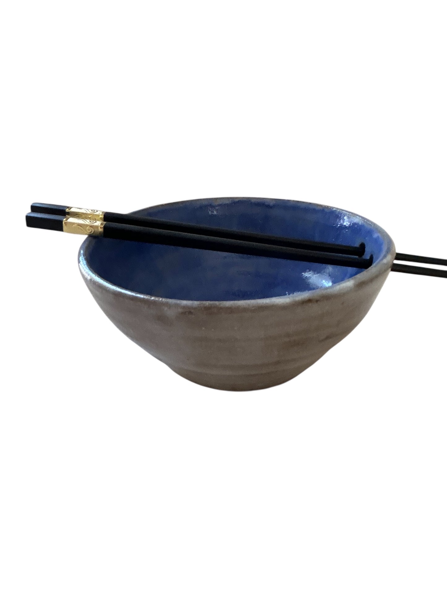 Wheel-Thrown Ramen Noodle Bowl #23 with Built-In Chopsticks Holder with Handpainted Shell in Blue and White
